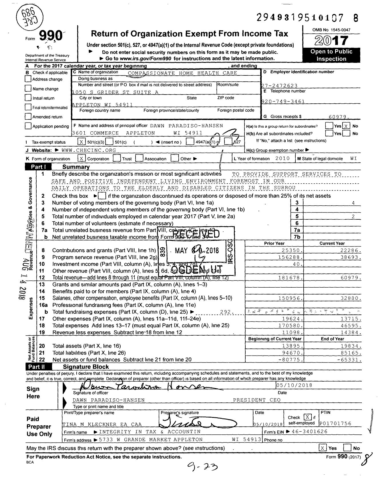 Image of first page of 2017 Form 990 for Compassionate Home Health Care