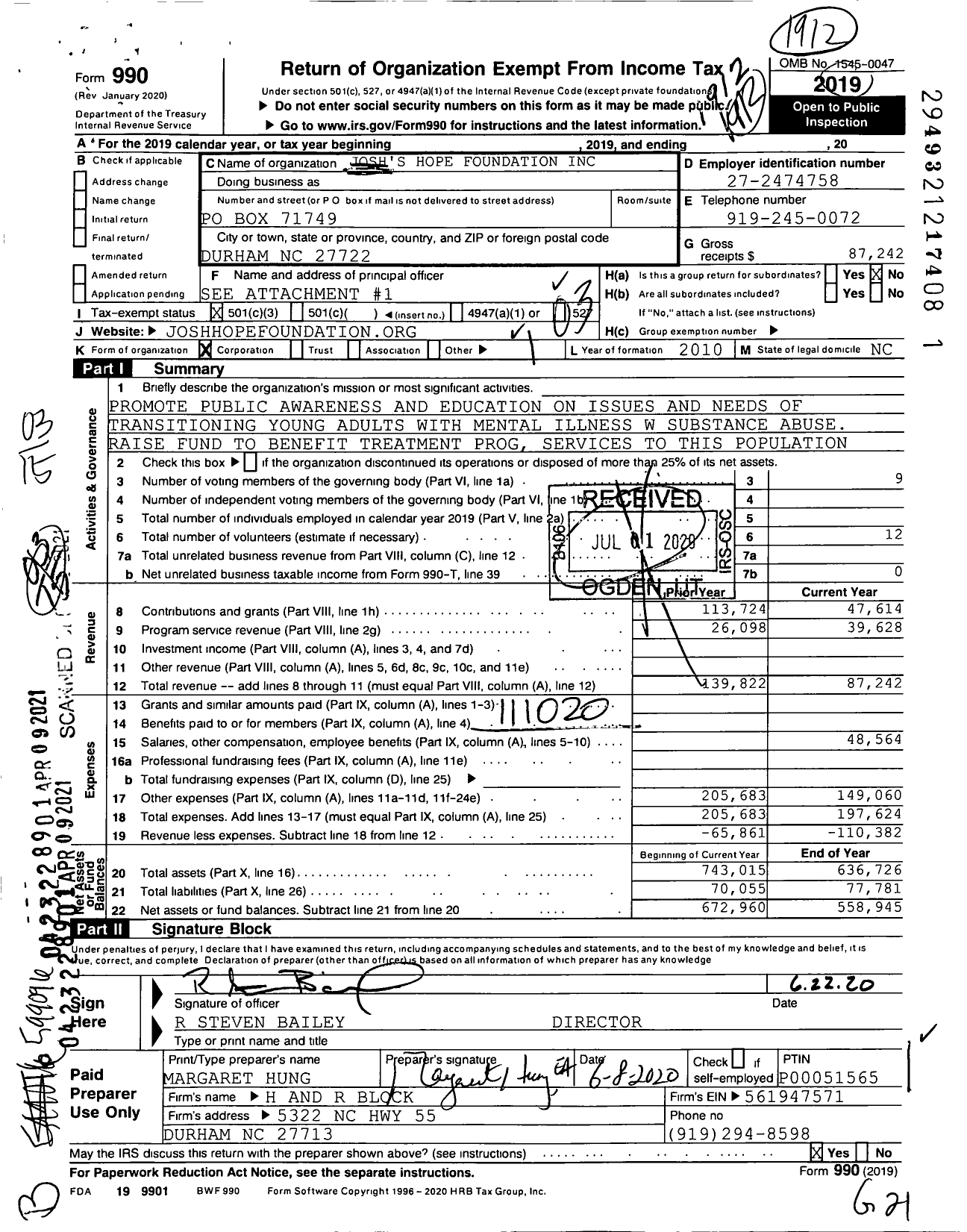 Image of first page of 2019 Form 990 for Josh's Hope Foundation