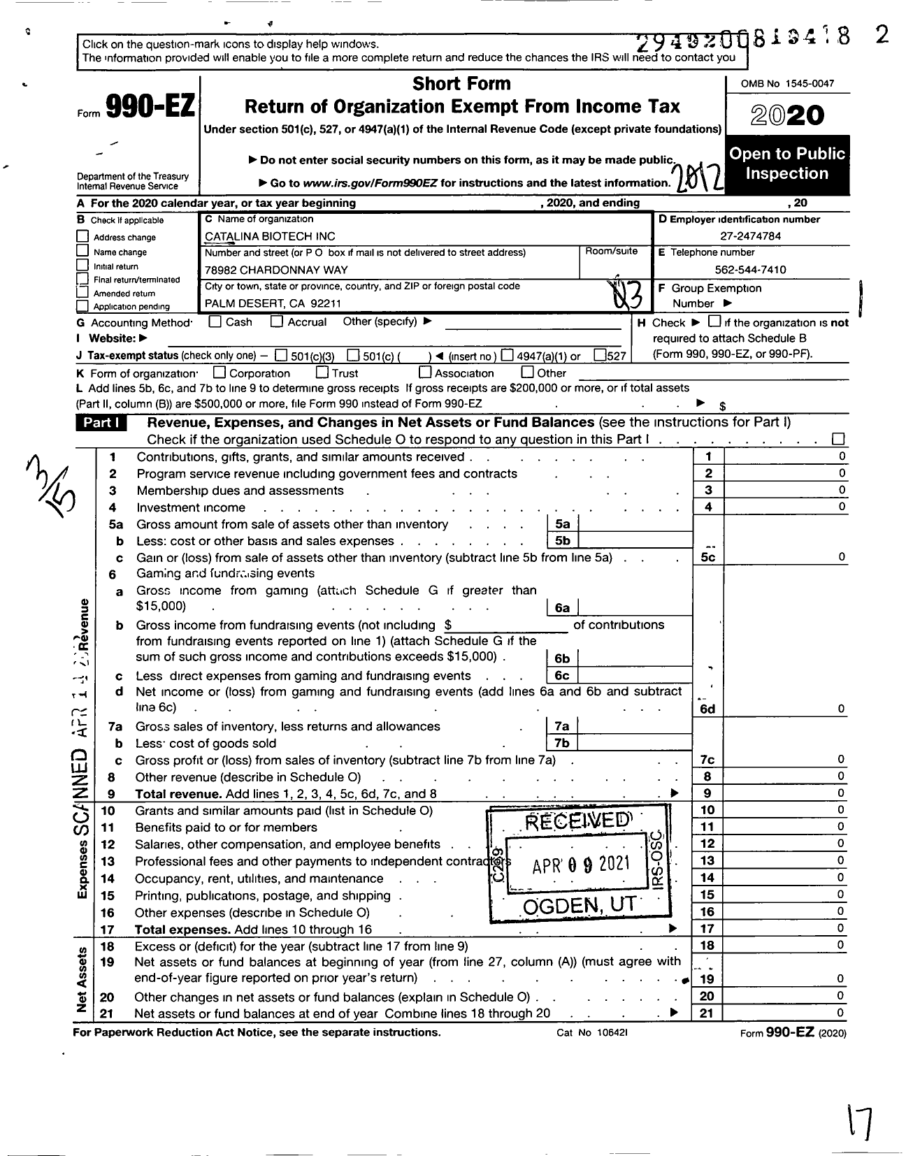 Image of first page of 2020 Form 990EZ for Catalina Biotech Tech