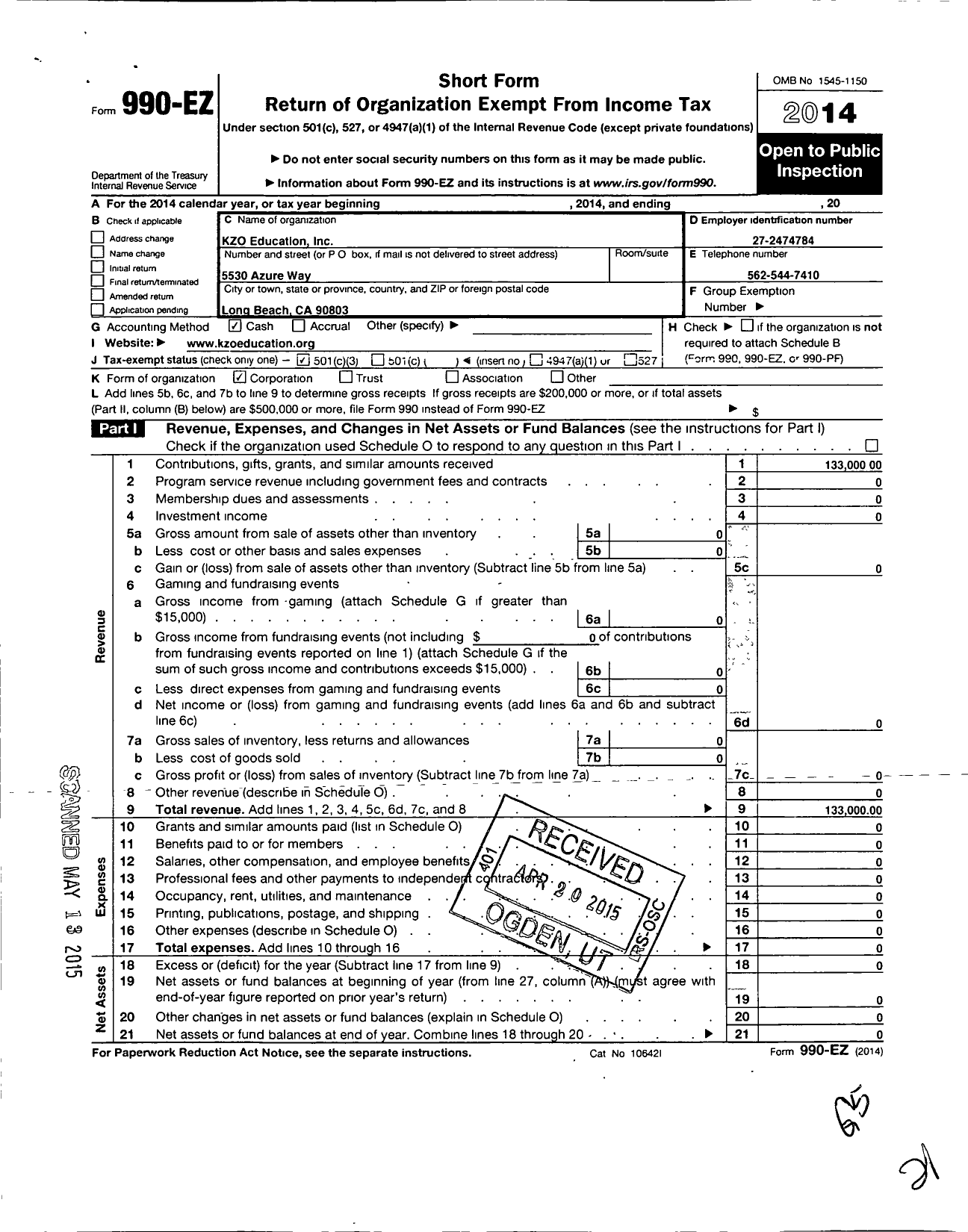 Image of first page of 2014 Form 990EZ for Catalina Biotech Tech