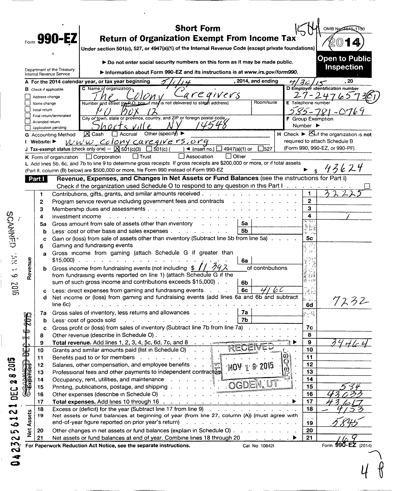 Image of first page of 2014 Form 990EZ for The Colony Caregivers