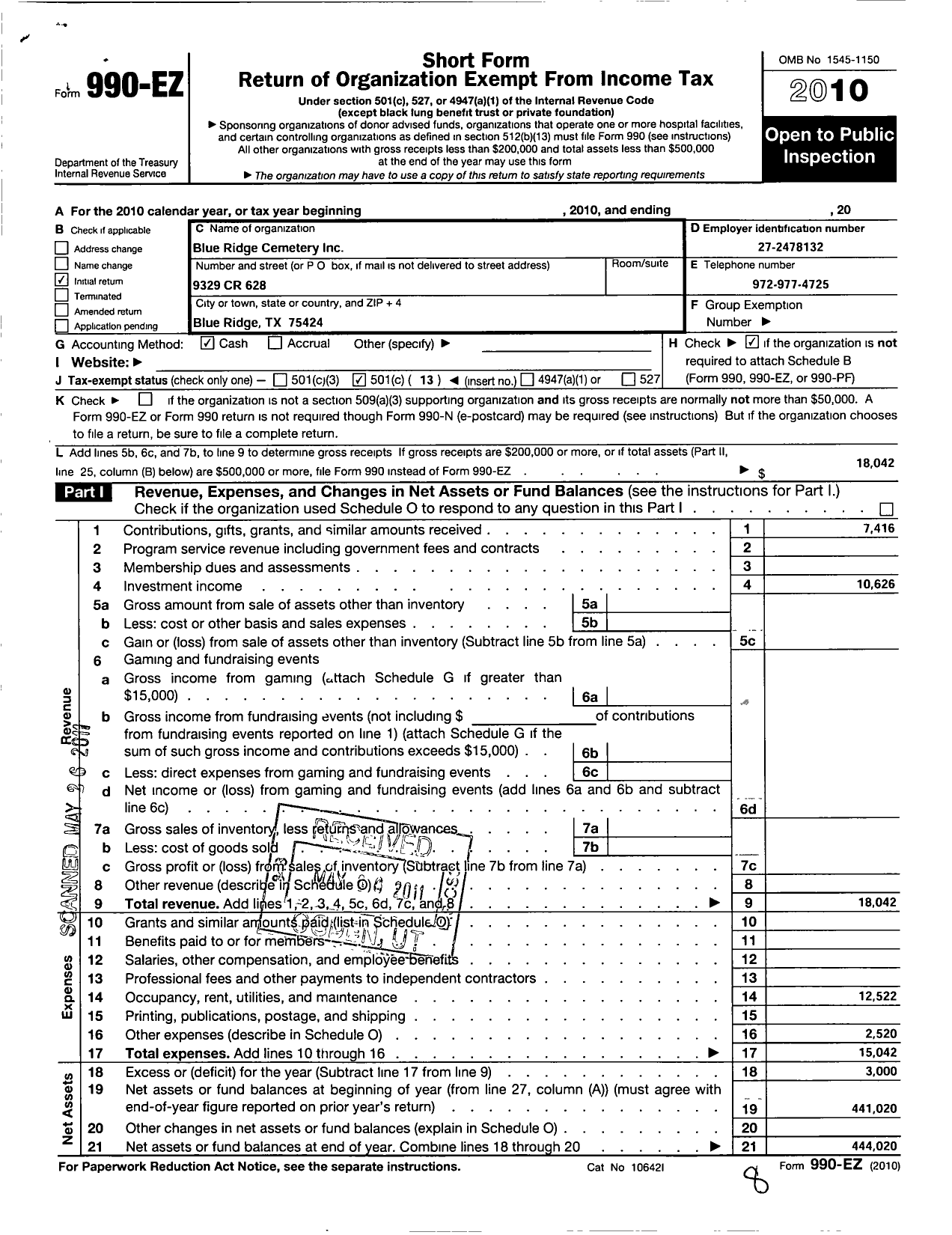 Image of first page of 2010 Form 990EO for Blue Ridge Cemetery