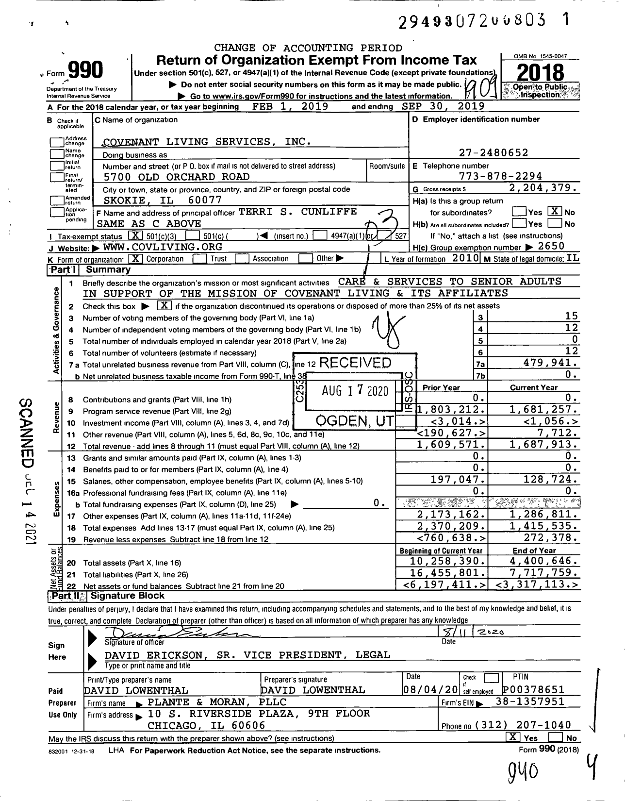 Image of first page of 2018 Form 990 for Covenant Living Services