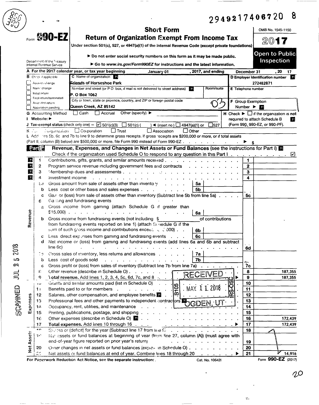 Image of first page of 2017 Form 990EZ for Friends of Horseshoe Park