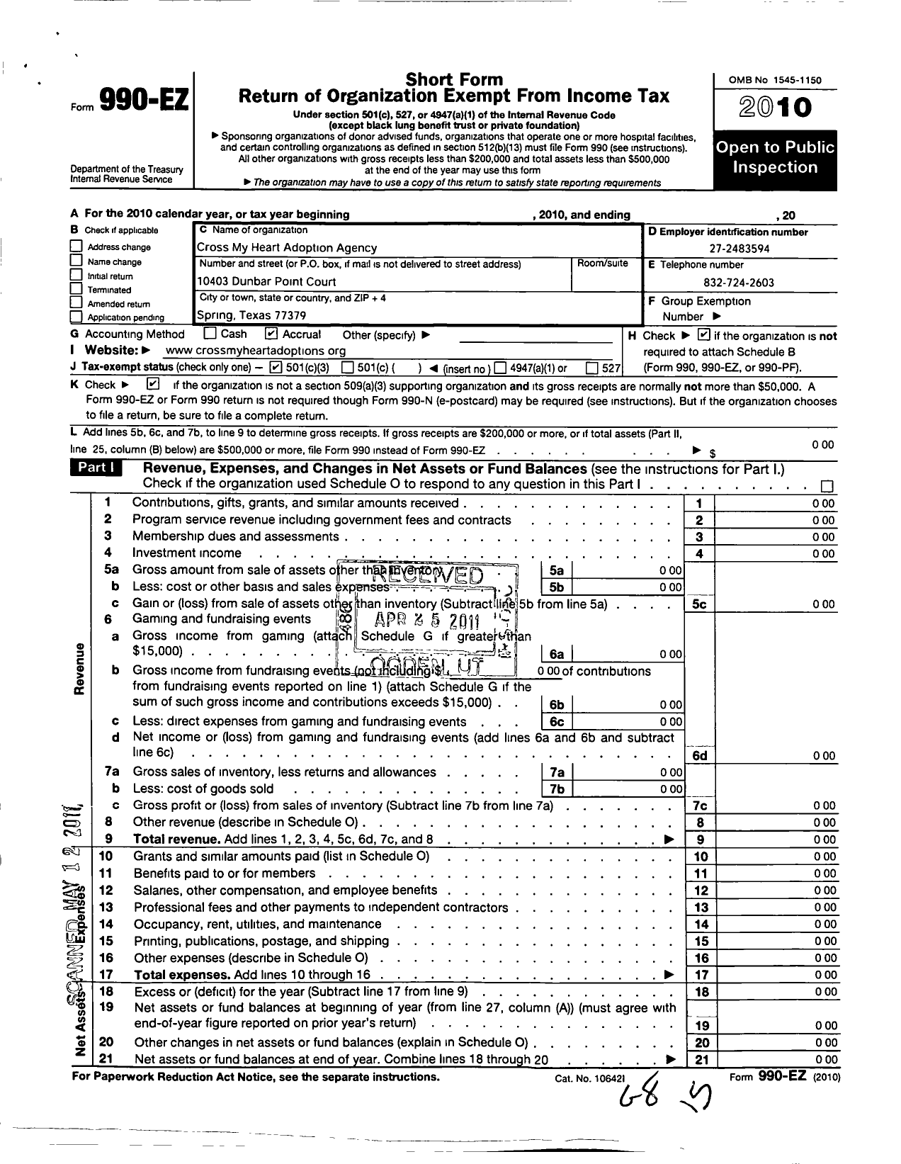 Image of first page of 2010 Form 990EZ for Cross My Heart Adoption Agency