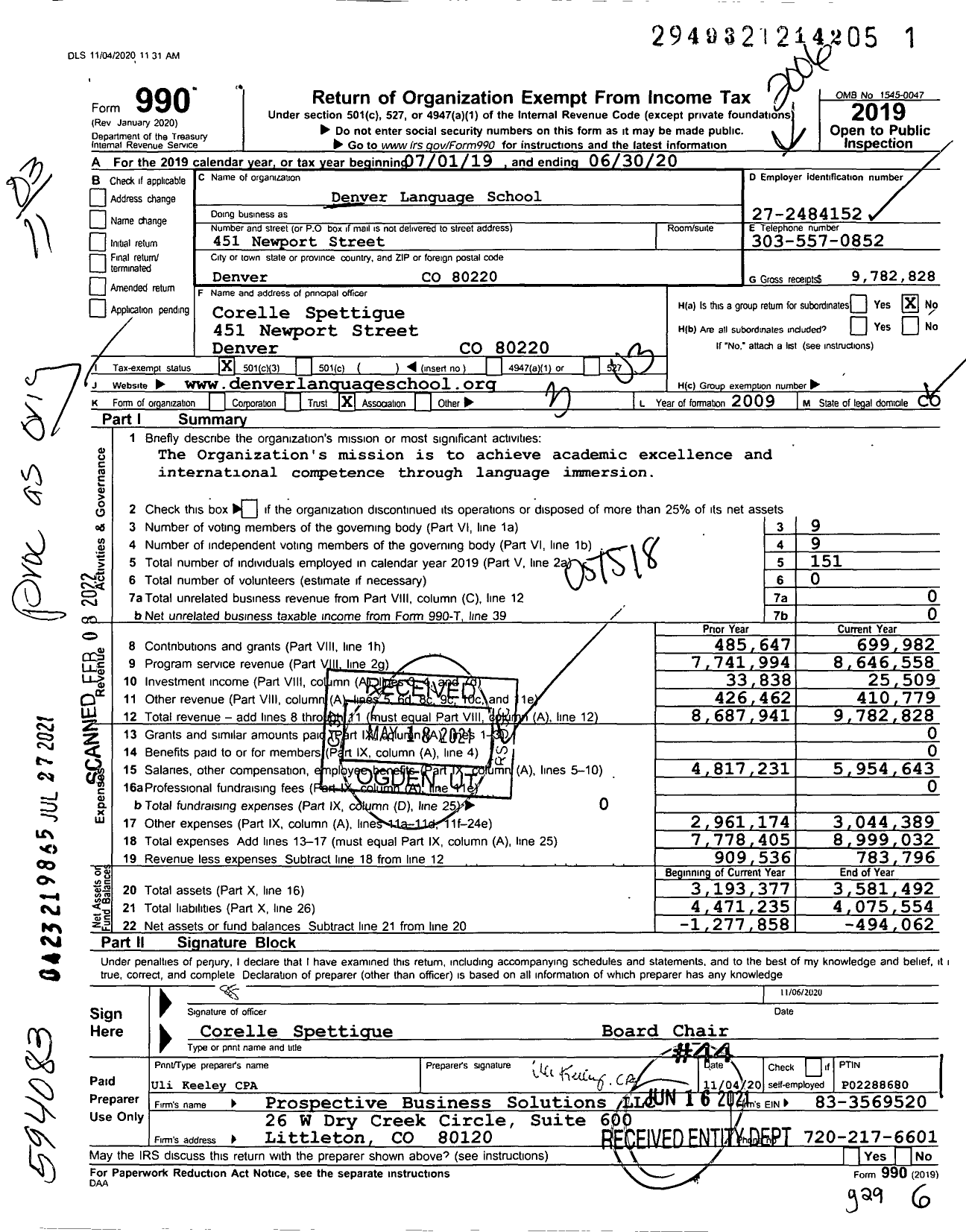 Image of first page of 2019 Form 990 for Denver Language School