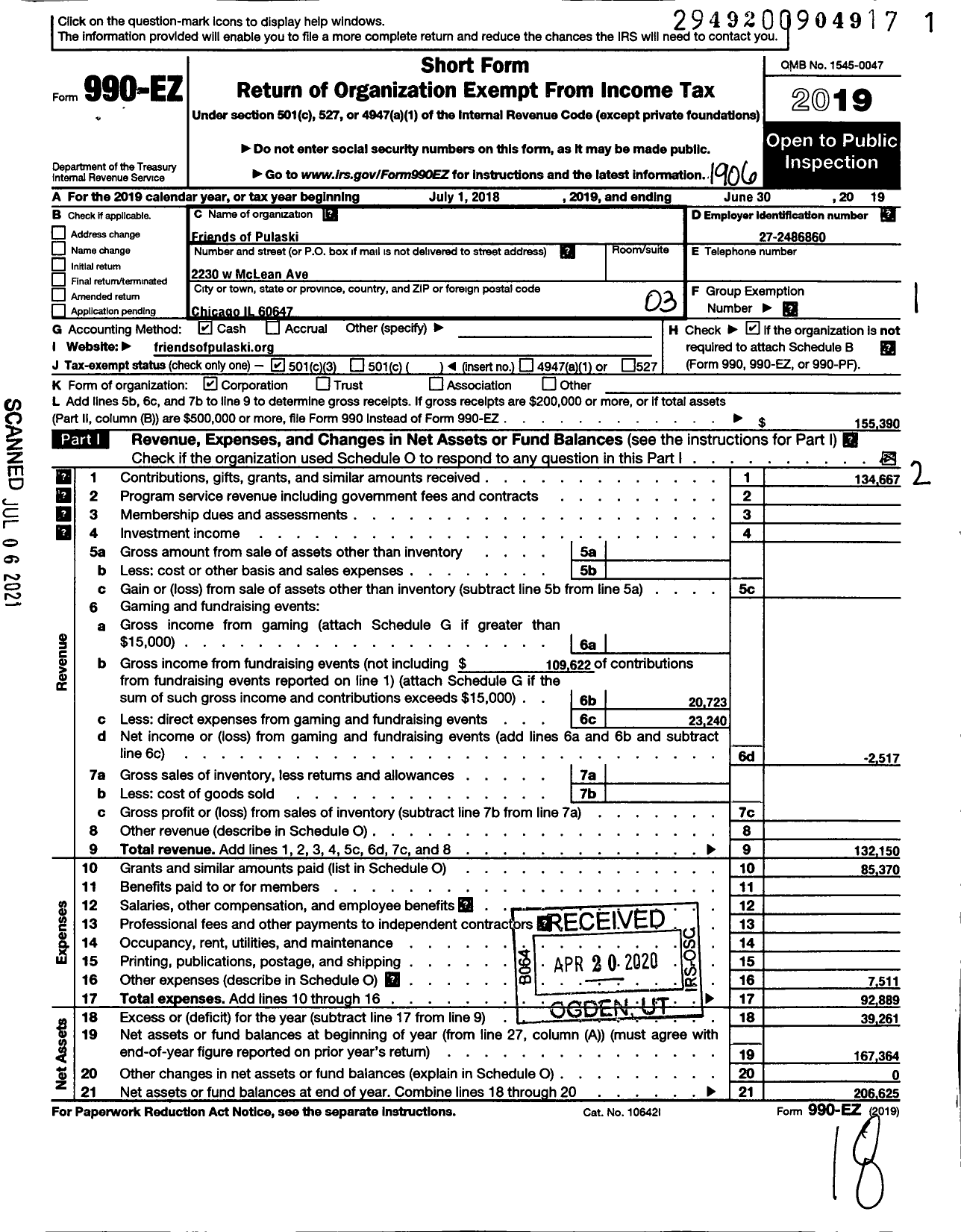 Image of first page of 2018 Form 990EZ for Friends of Pulaski