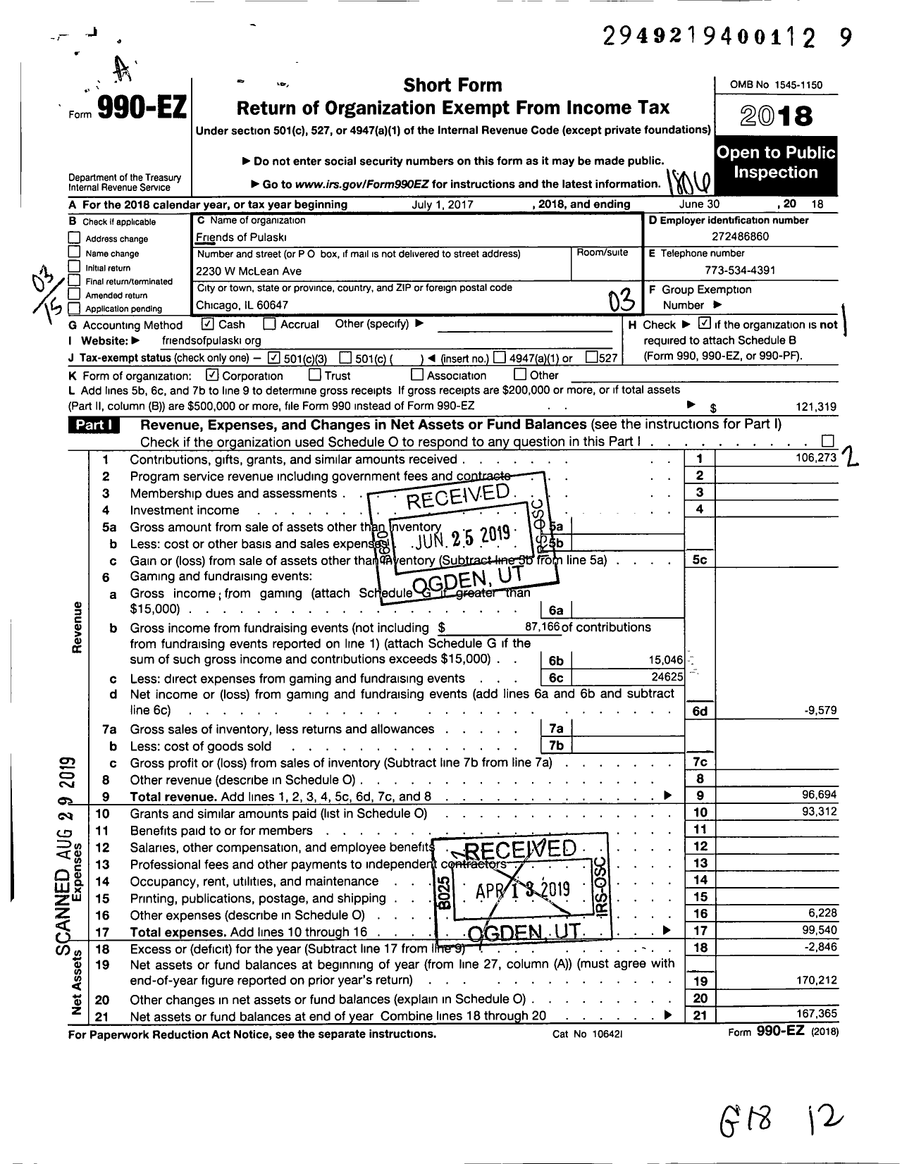 Image of first page of 2017 Form 990EZ for Friends of Pulaski