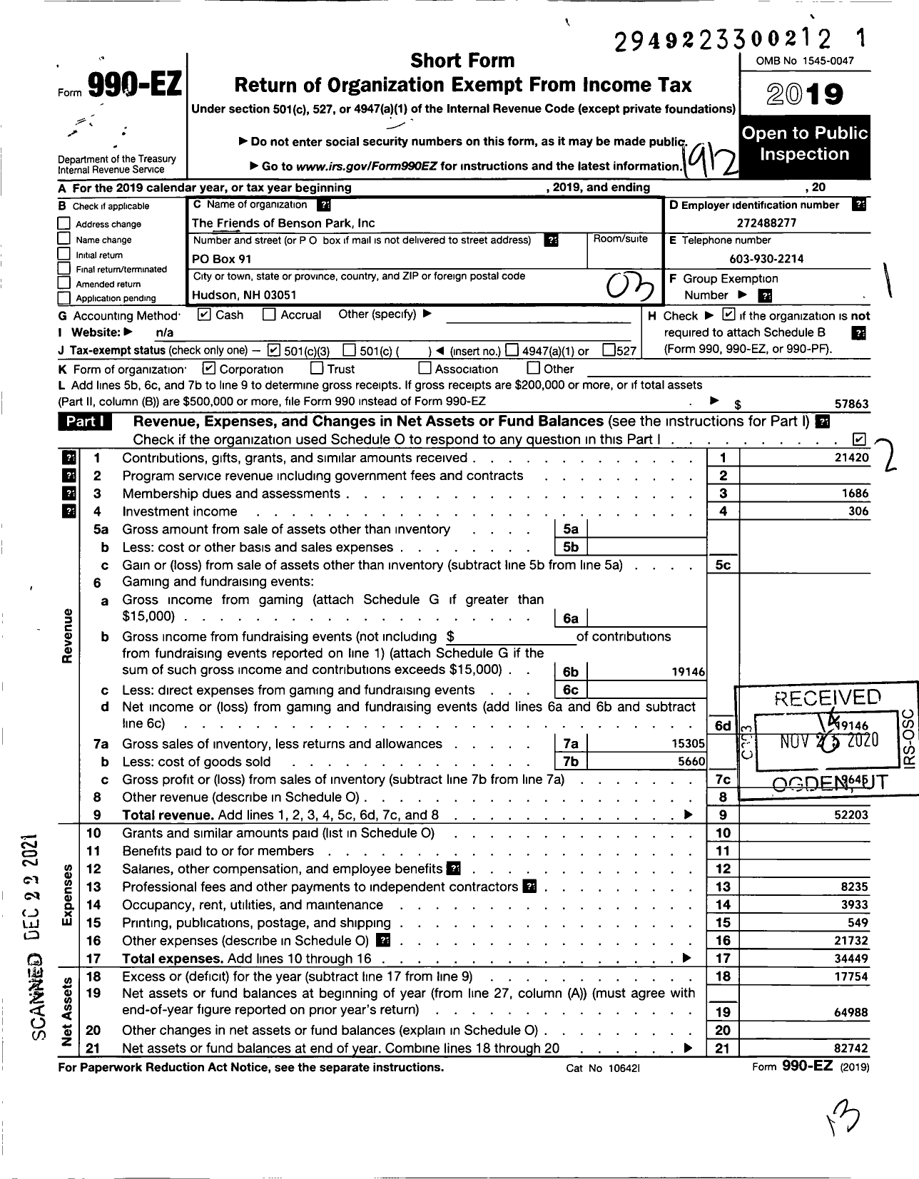 Image of first page of 2019 Form 990EZ for Friends of Benson Park Incorporation