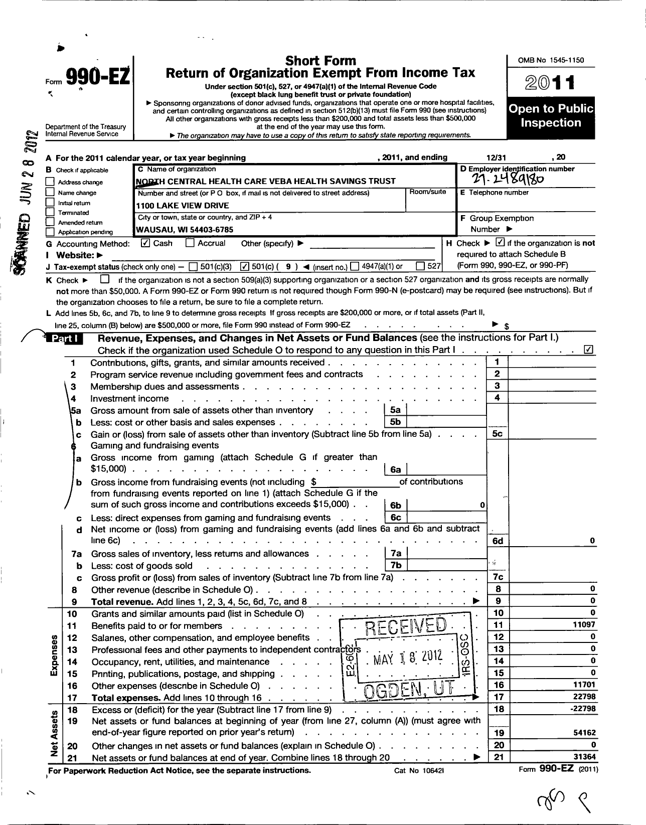 Image of first page of 2011 Form 990EO for North Central Health Care Veba Health Savings Trust