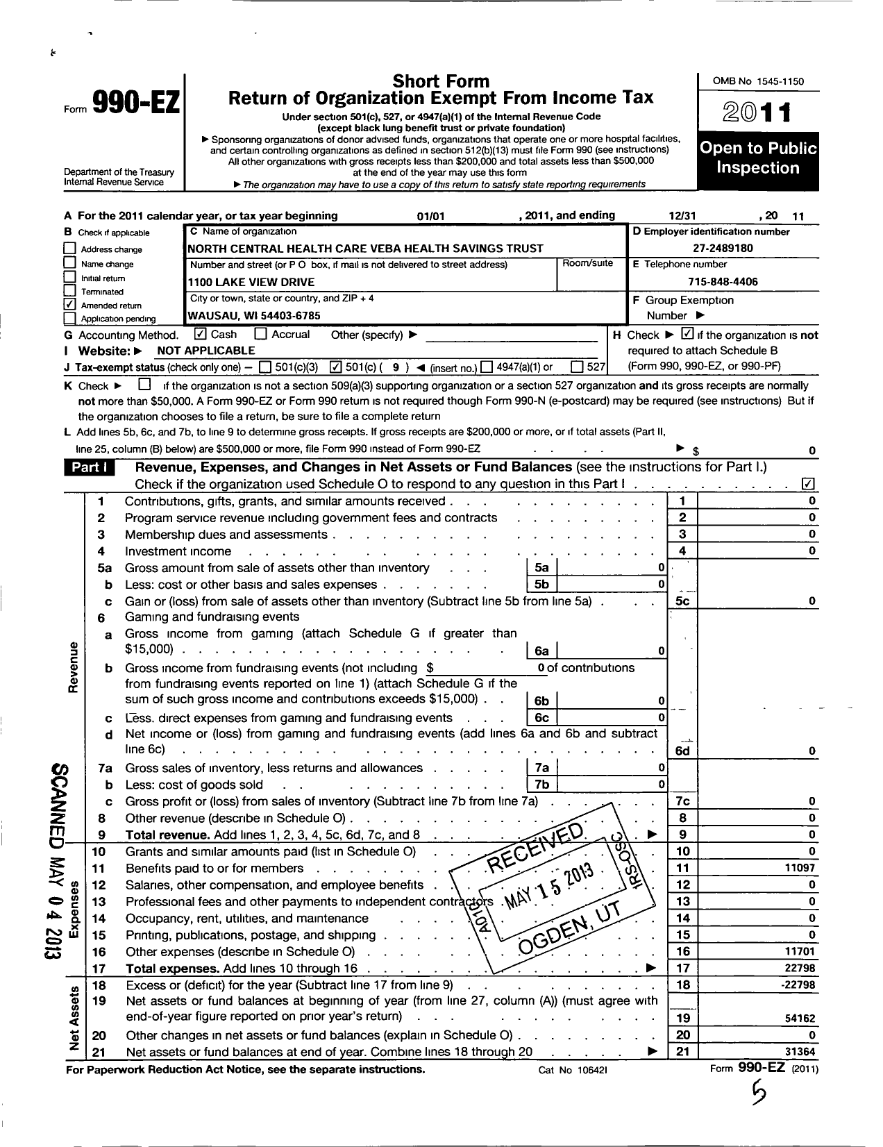 Image of first page of 2011 Form 990EO for North Central Health Care Veba Health Savings Trust