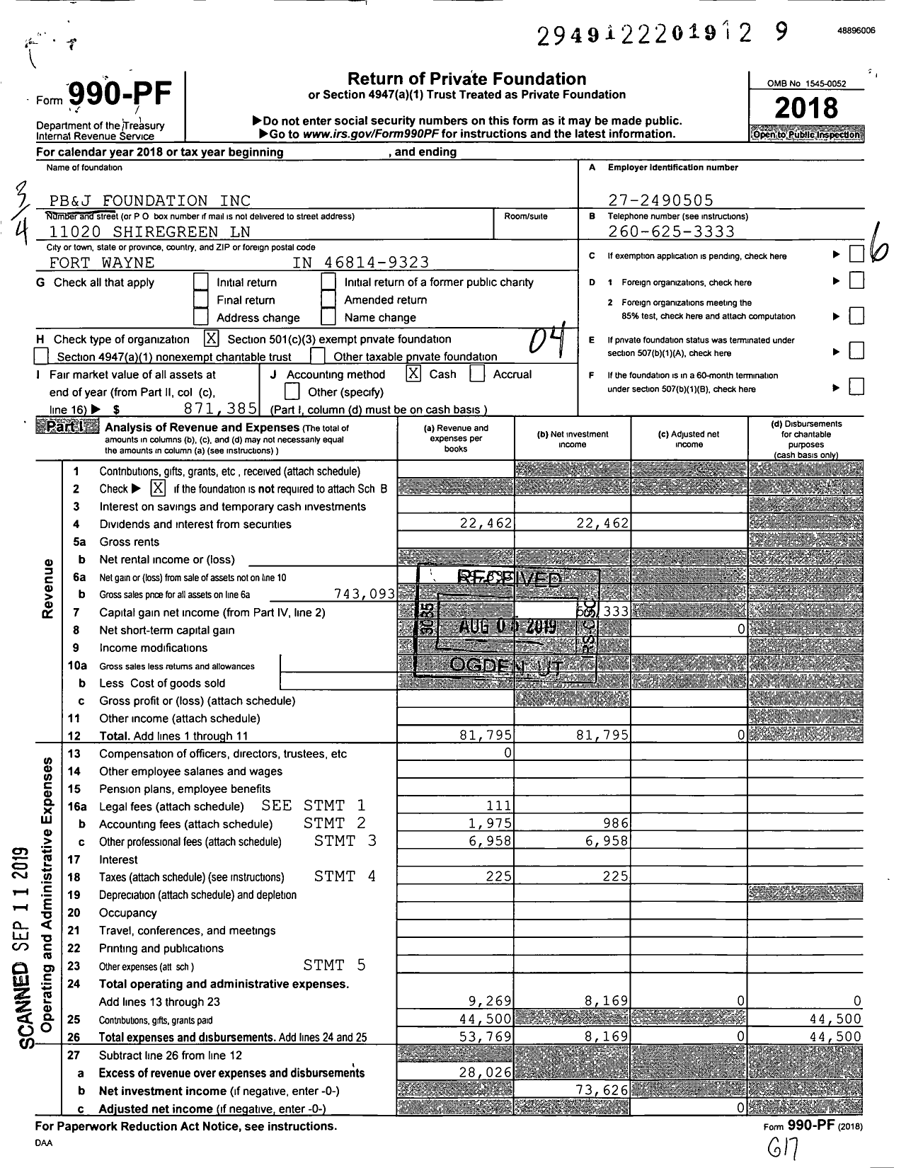 Image of first page of 2018 Form 990PF for PB&J Foundation