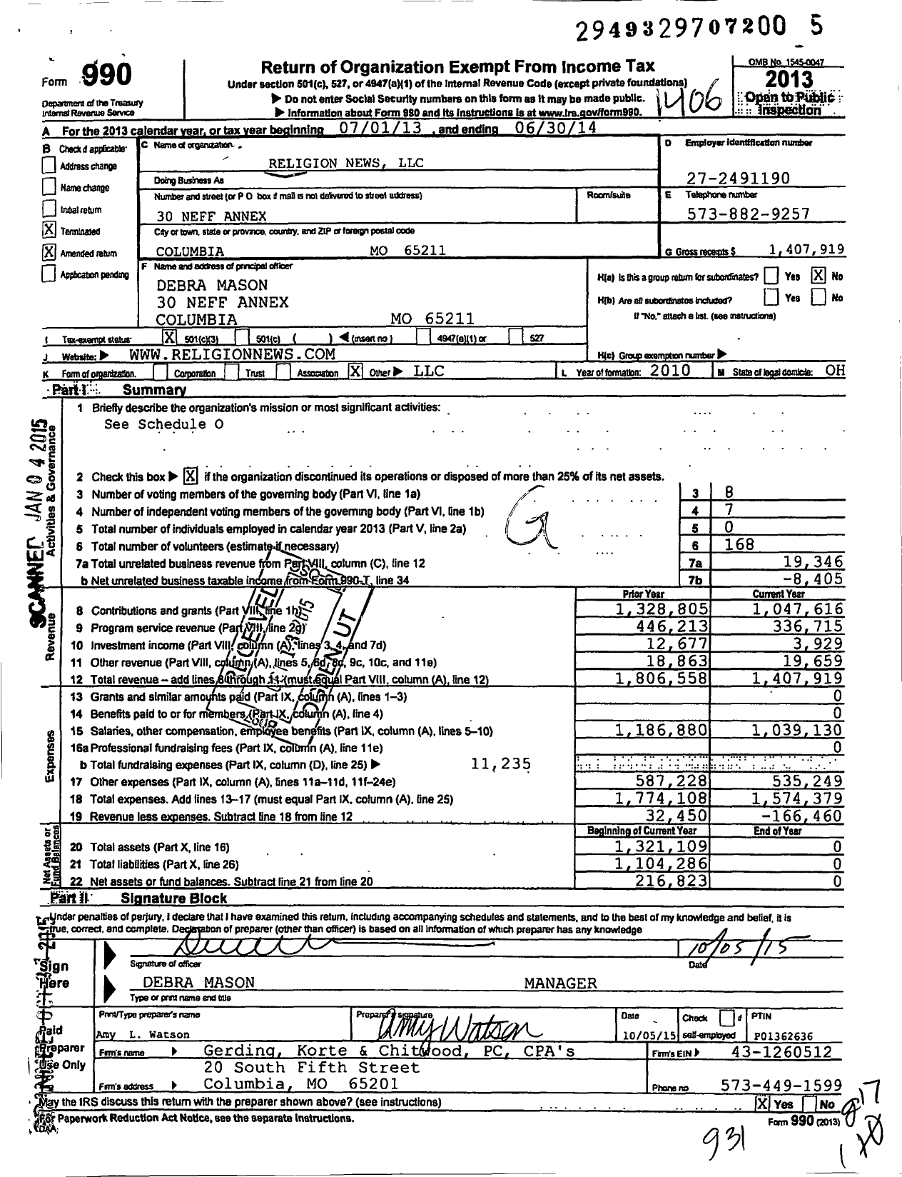 Image of first page of 2013 Form 990 for Religion News LLC