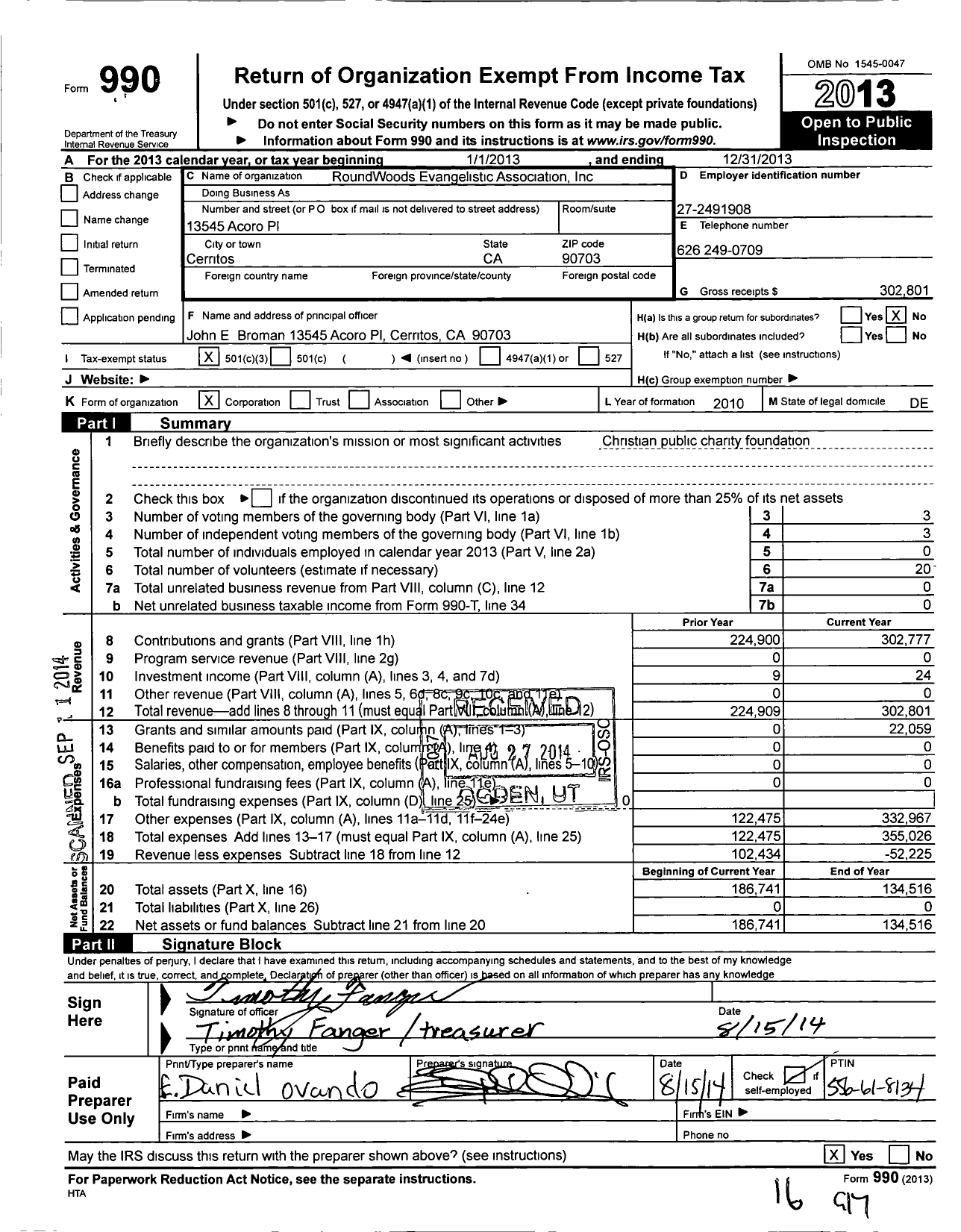 Image of first page of 2013 Form 990 for Roundwoods Evangelistic Association