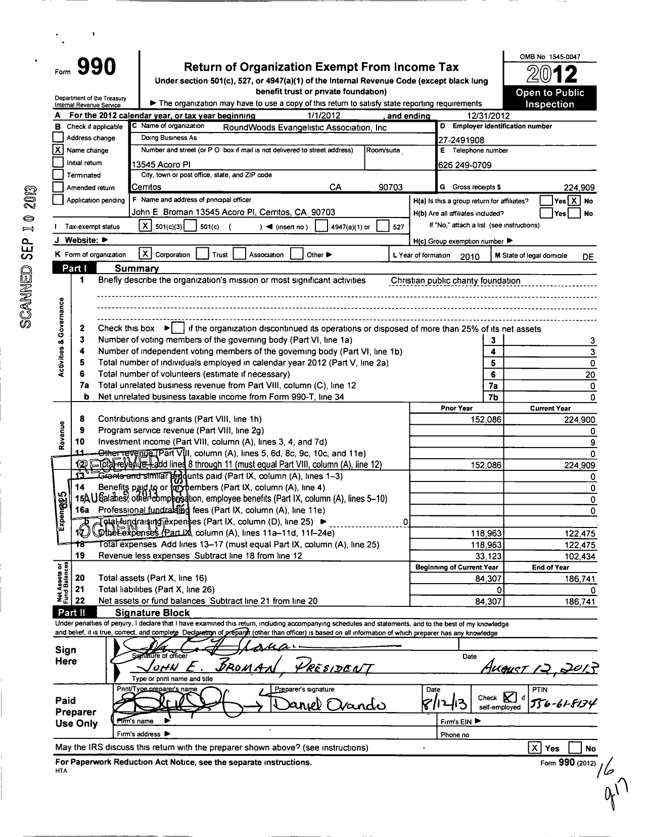 Image of first page of 2012 Form 990 for Roundwoods Evangelistic Association