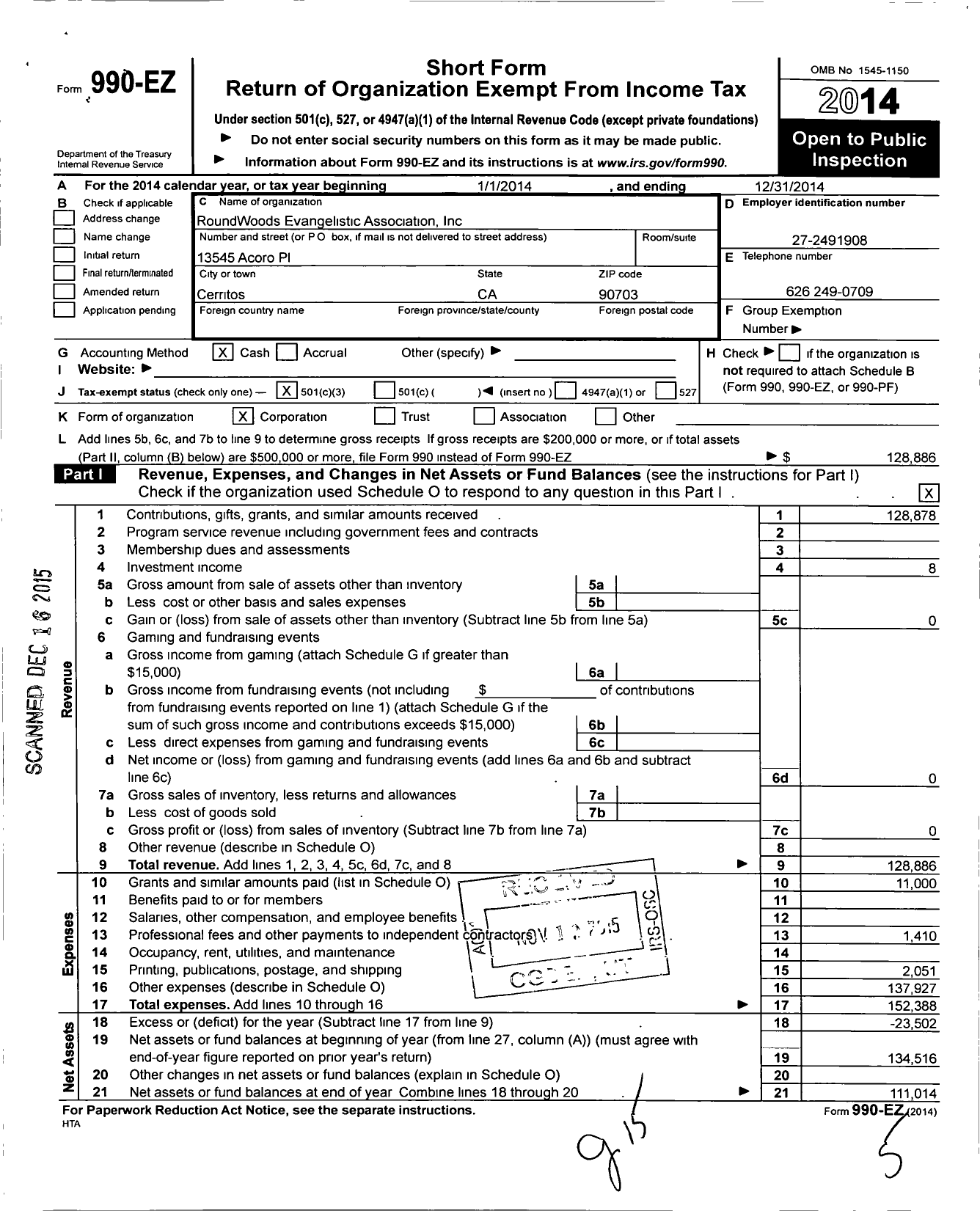 Image of first page of 2014 Form 990EZ for Roundwoods Evangelistic Association