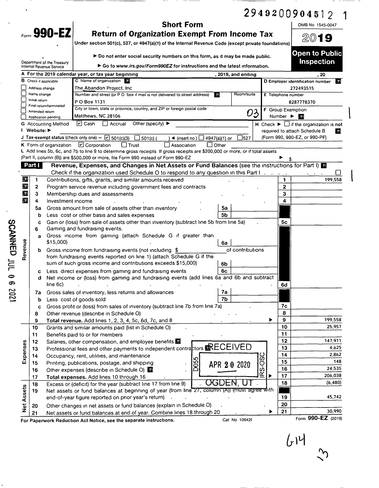 Image of first page of 2019 Form 990EZ for Neighborhood Hope