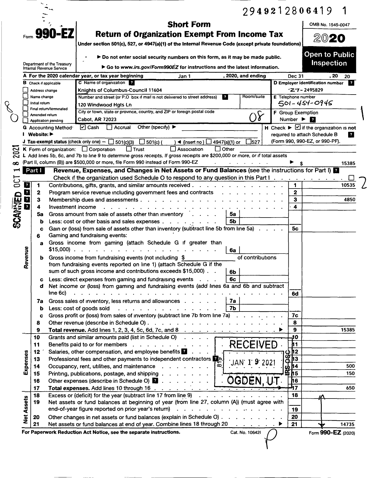 Image of first page of 2020 Form 990EO for Knights of Columbus - 11604 Jacksonville Council