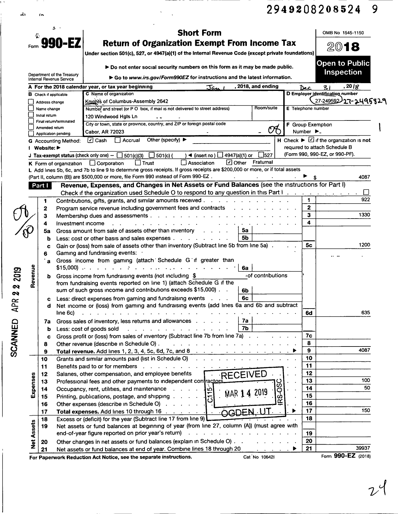 Image of first page of 2018 Form 990EO for Knights of Columbus - 11604 Jacksonville Council