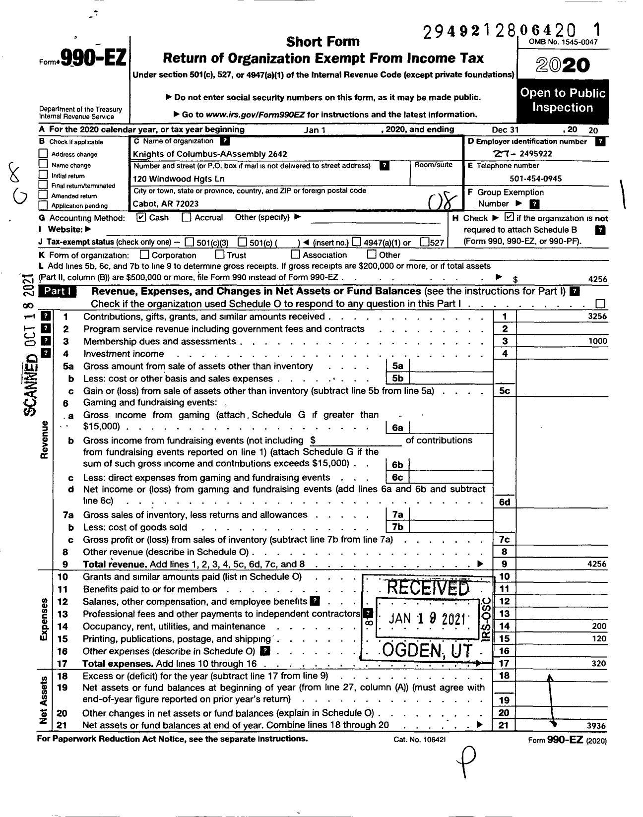 Image of first page of 2020 Form 990EO for Knights of Columbus - 2642 BSHP Edward Fitzgerald Assmbly