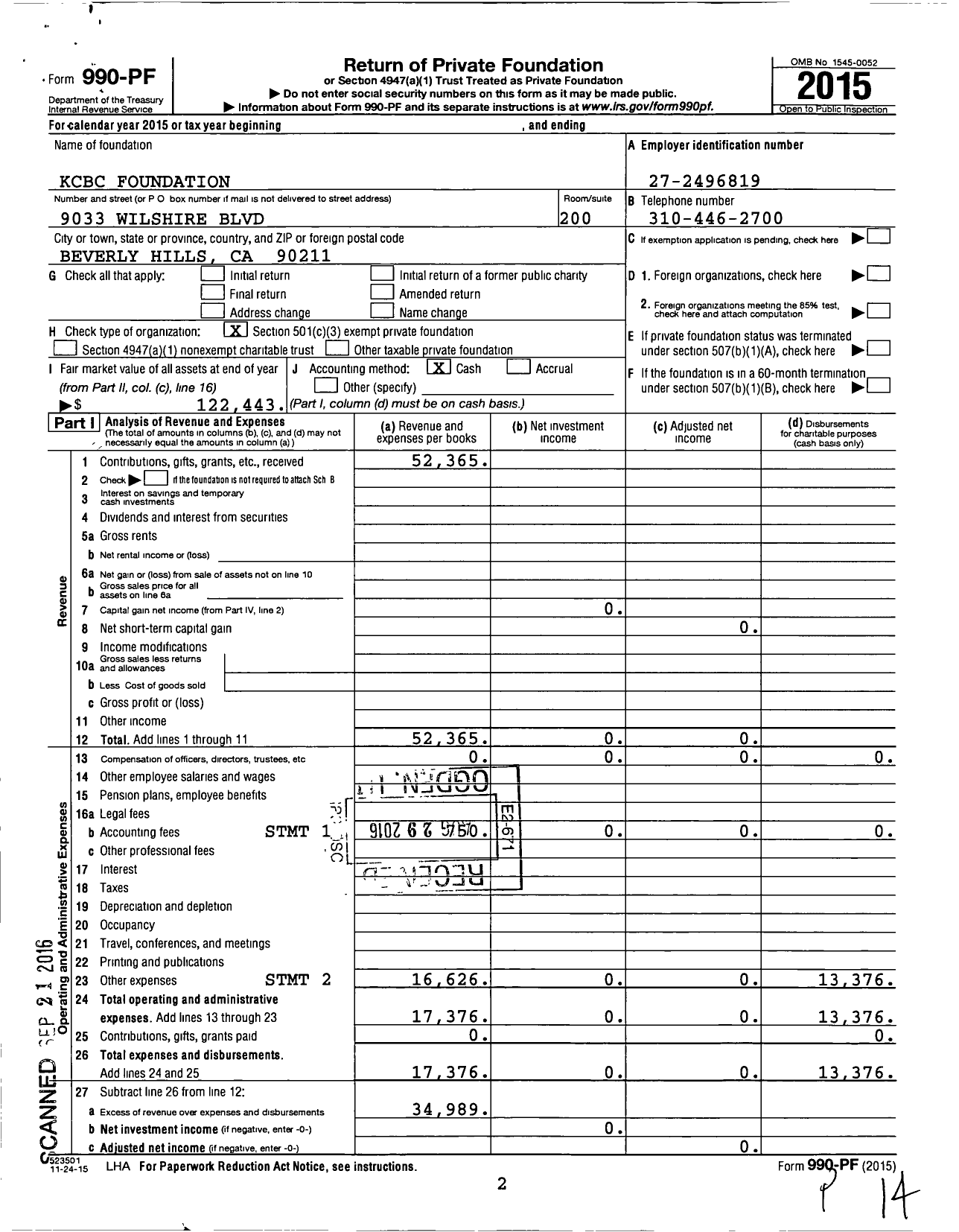 Image of first page of 2015 Form 990PF for KCBC Foundation
