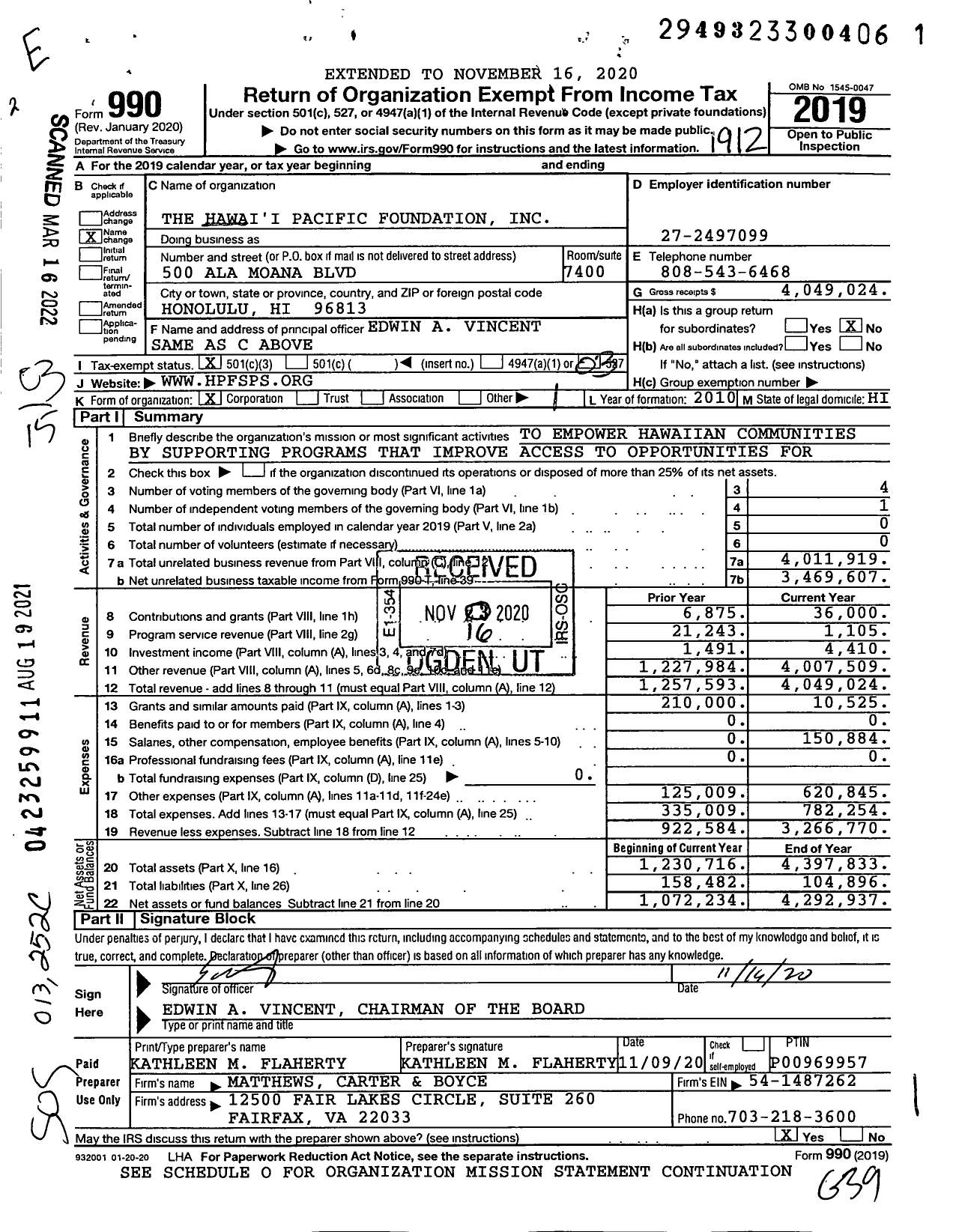 Image of first page of 2019 Form 990 for The Hawaii Pacific Foundation