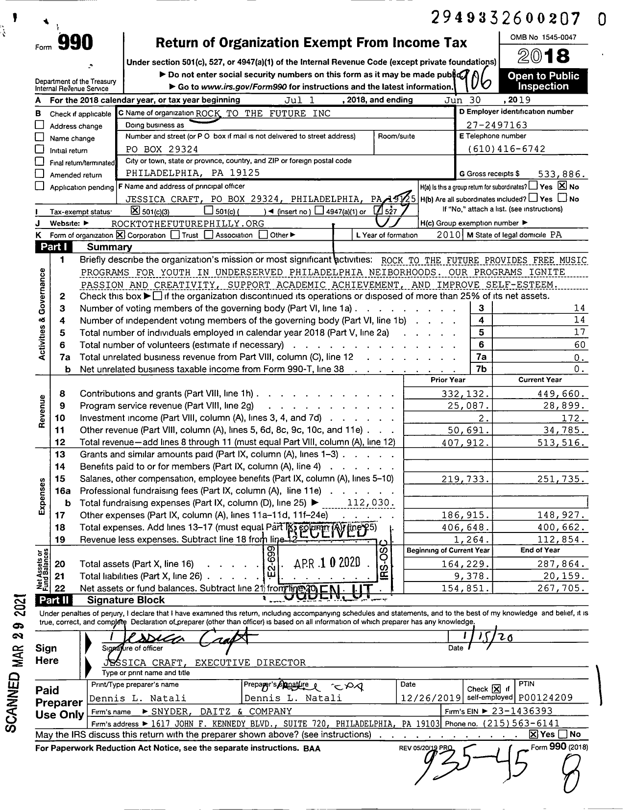 Image of first page of 2018 Form 990 for Rock To the Future