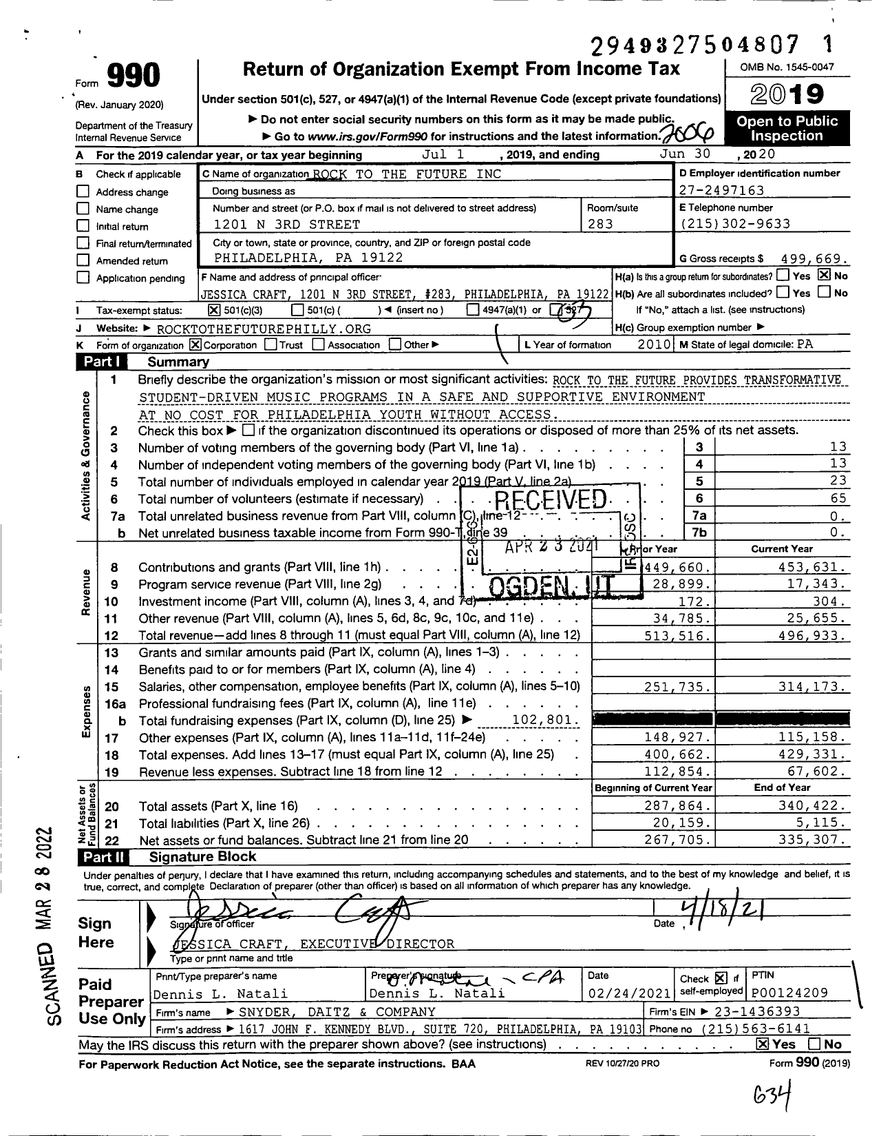 Image of first page of 2019 Form 990 for Rock To the Future