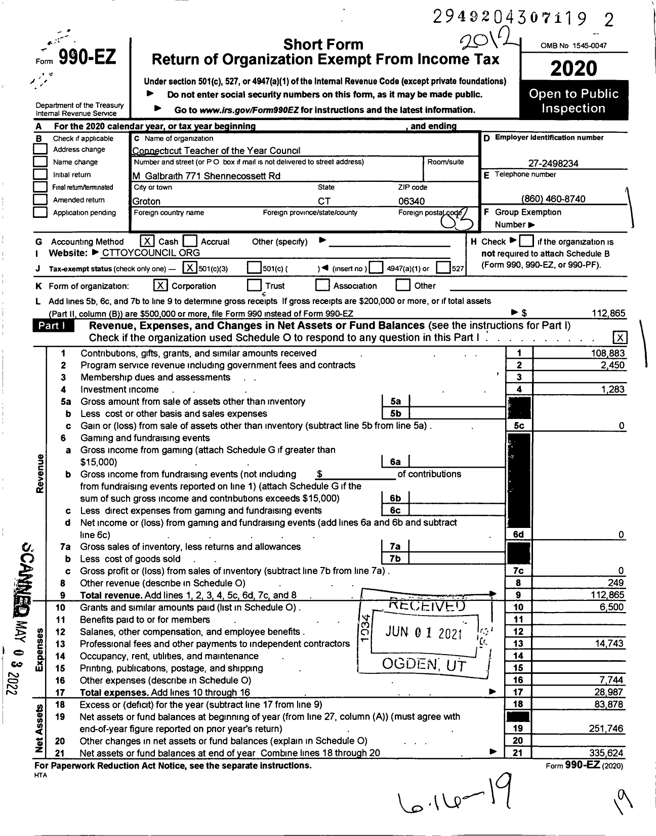 Image of first page of 2020 Form 990EZ for Connecticut Teacher of the Year Council