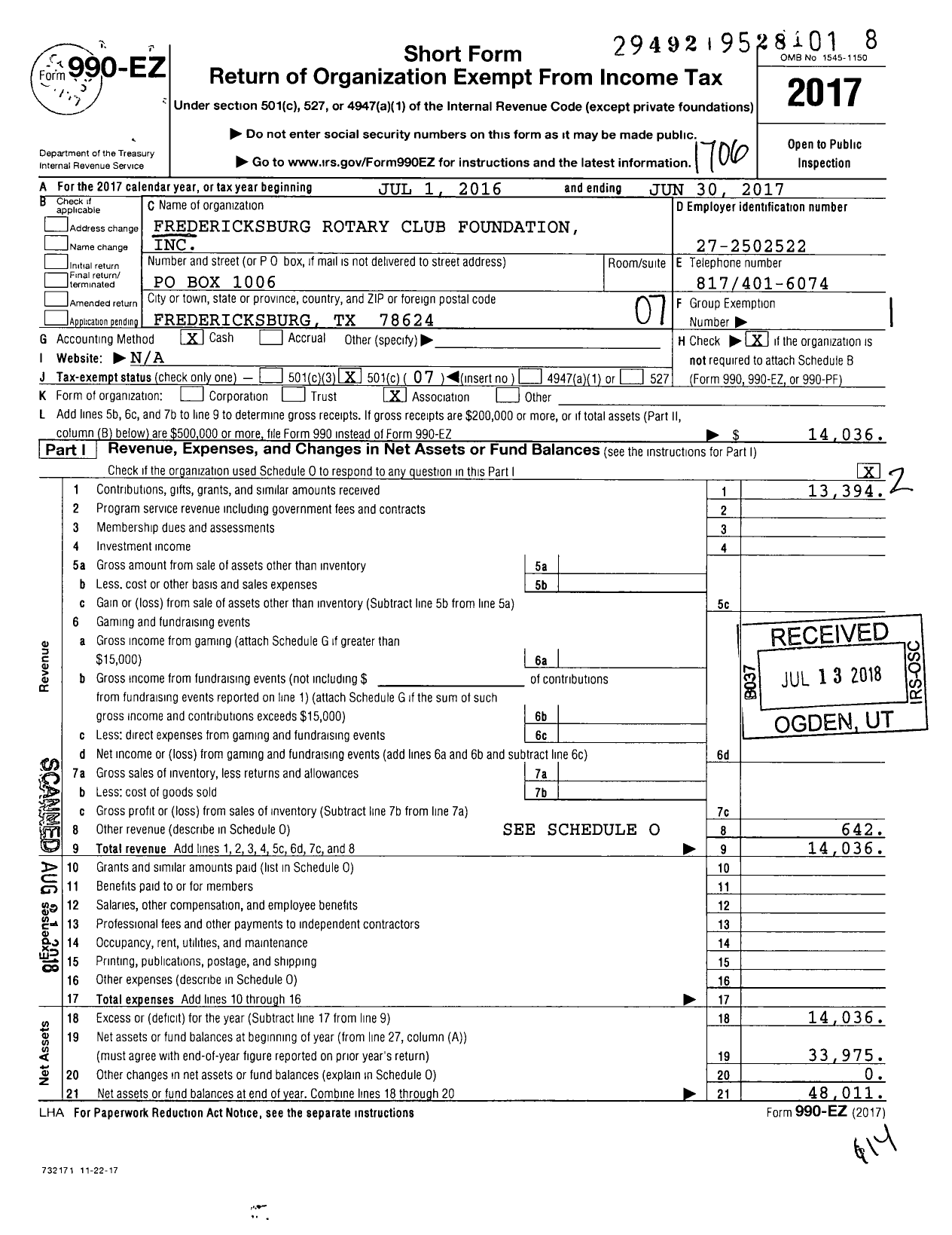 Image of first page of 2016 Form 990EO for Fredericksburg Rotary Club Foundation