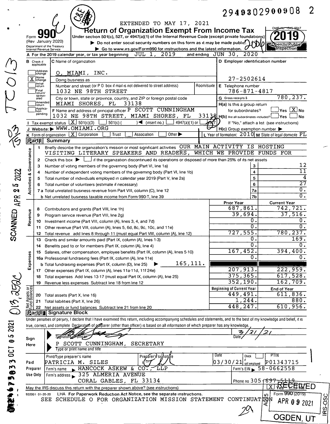 Image of first page of 2019 Form 990 for O Miami