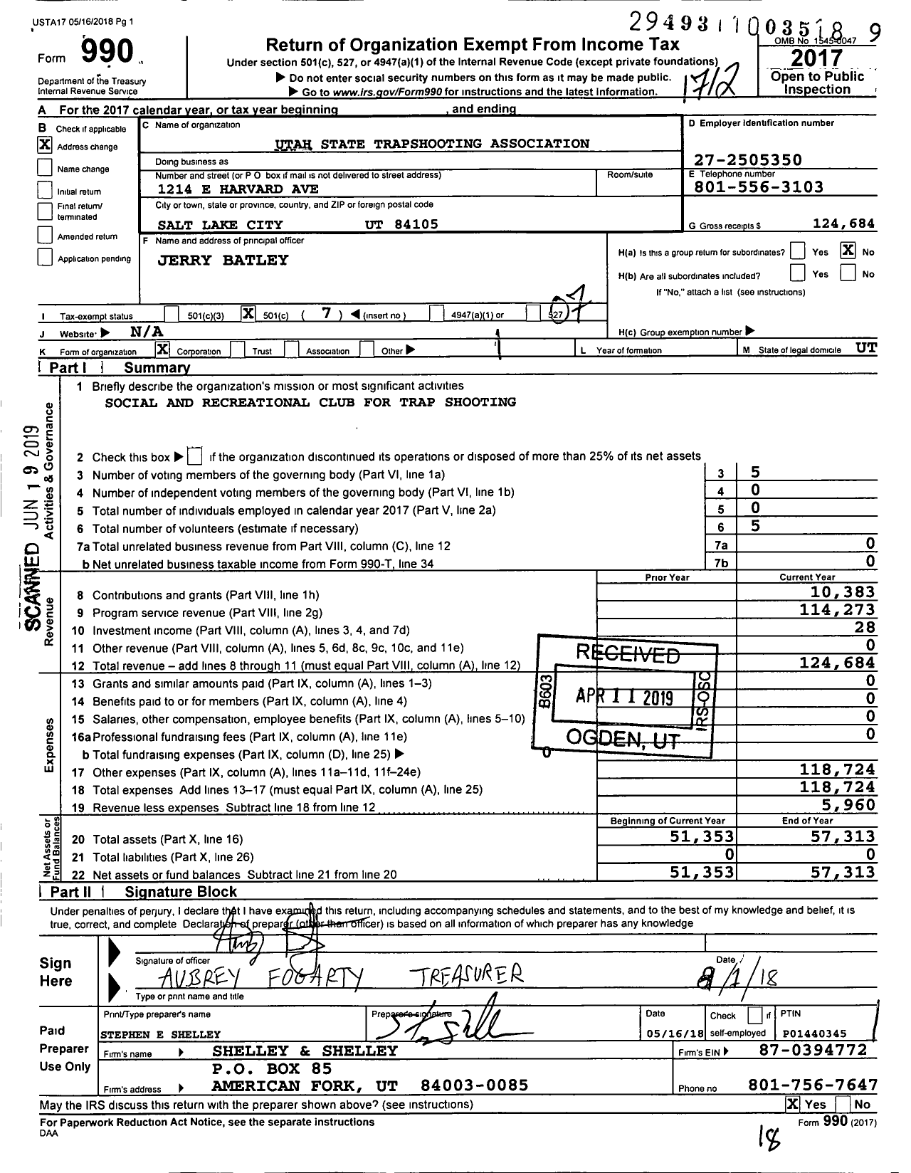 Image of first page of 2017 Form 990O for Utah State Trapshooting Association