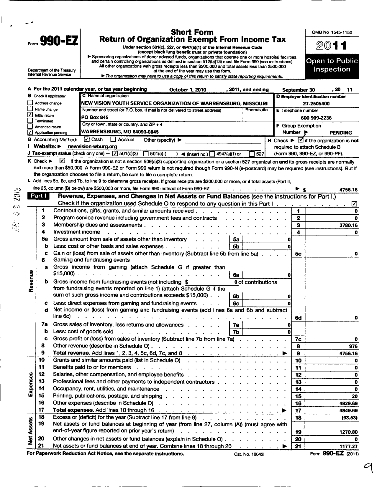 Image of first page of 2010 Form 990EZ for New Vision Youth Service Organization of Warrensburg Missouri