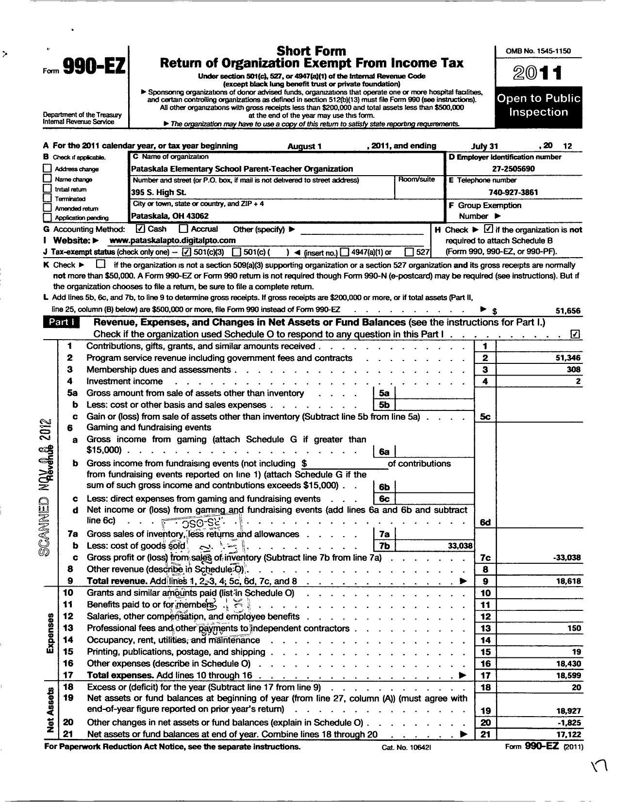 Image of first page of 2011 Form 990EZ for Pataskala Elementary School Parent-Teacher Organization