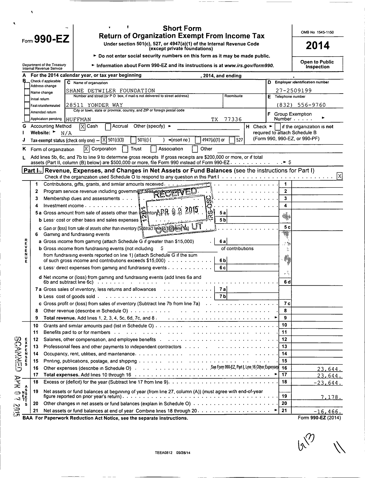 Image of first page of 2014 Form 990EZ for Shane Detwiler Foundation