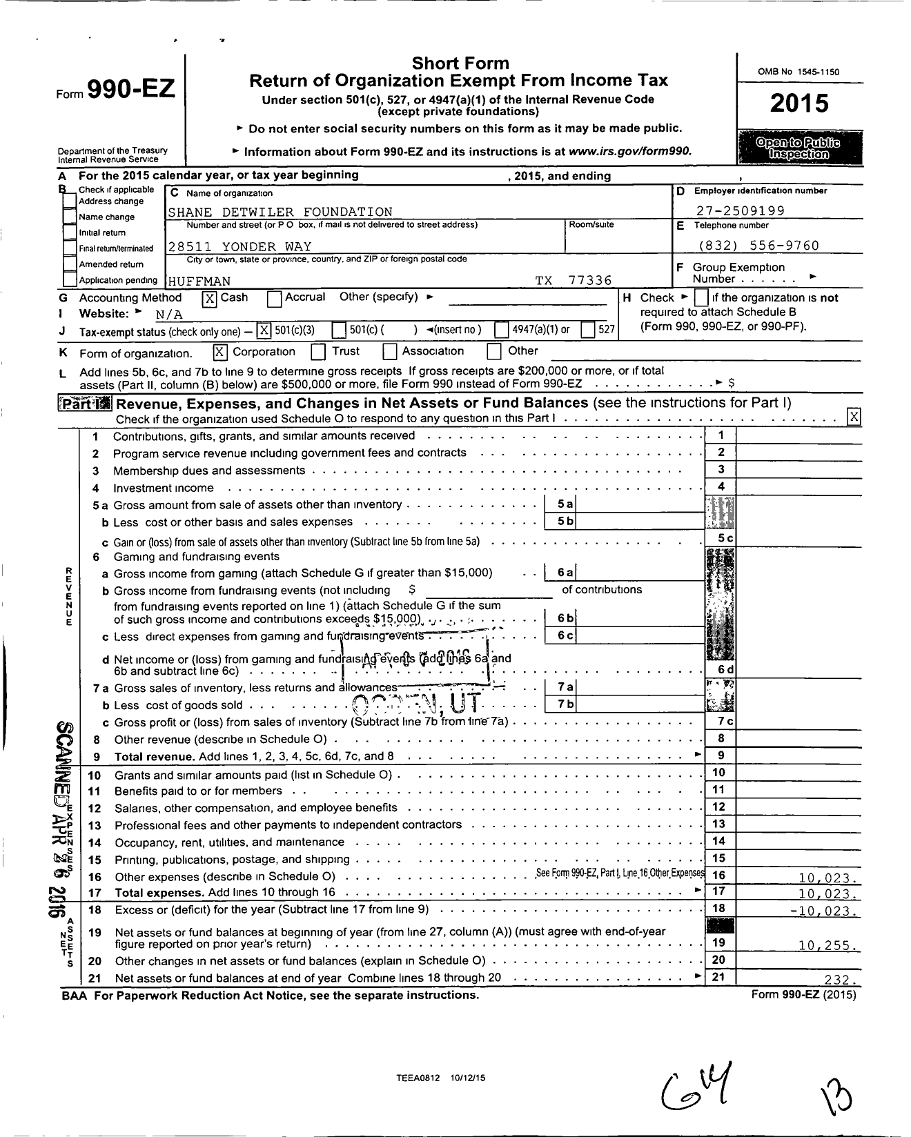 Image of first page of 2015 Form 990EZ for Shane Detwiler Foundation