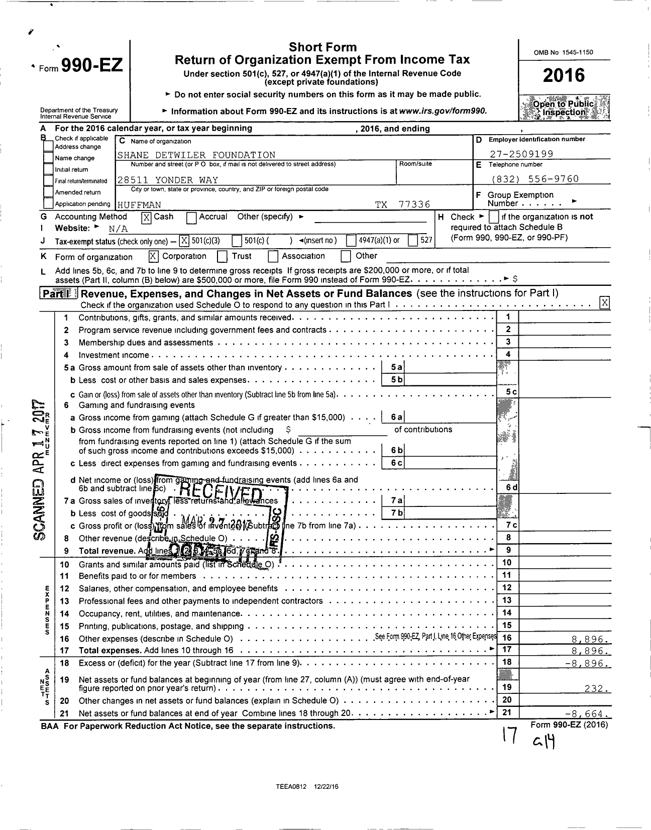 Image of first page of 2016 Form 990EZ for Shane Detwiler Foundation