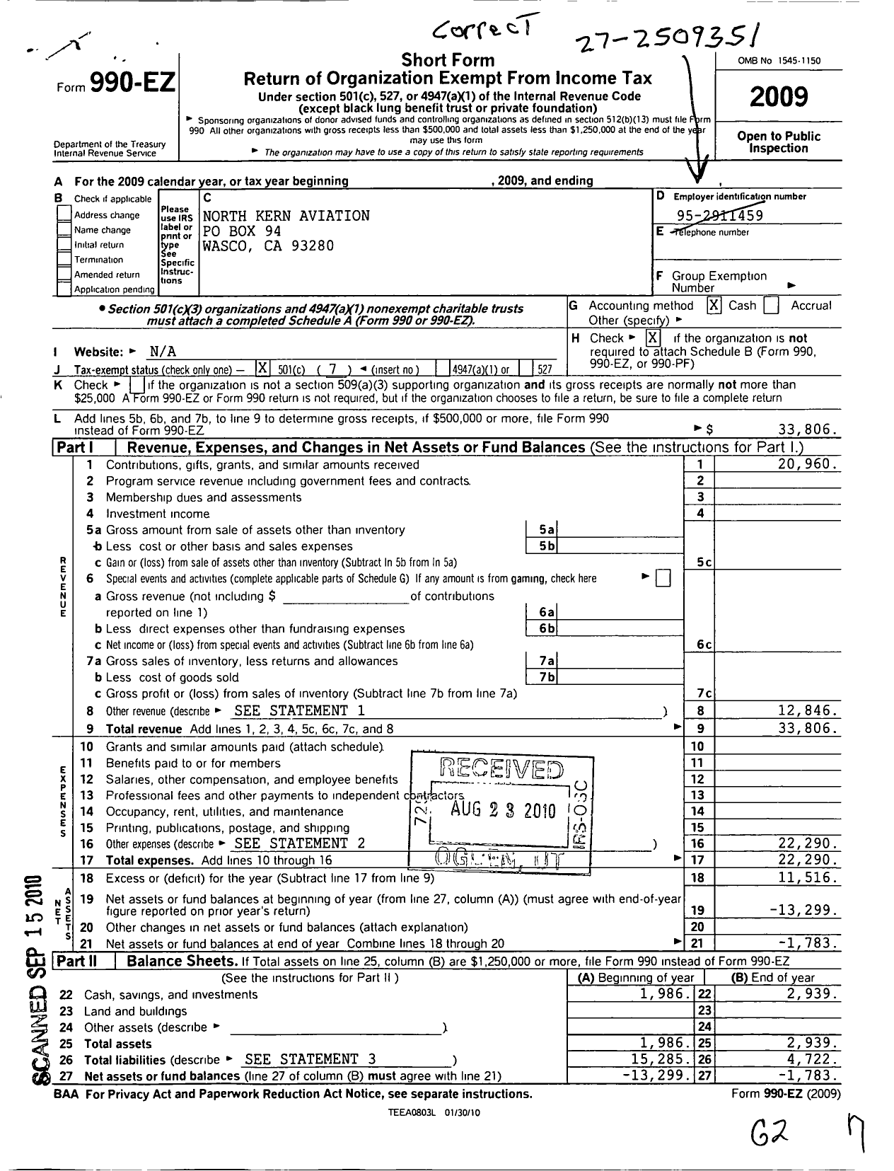 Image of first page of 2009 Form 990EO for North Kern Aviation