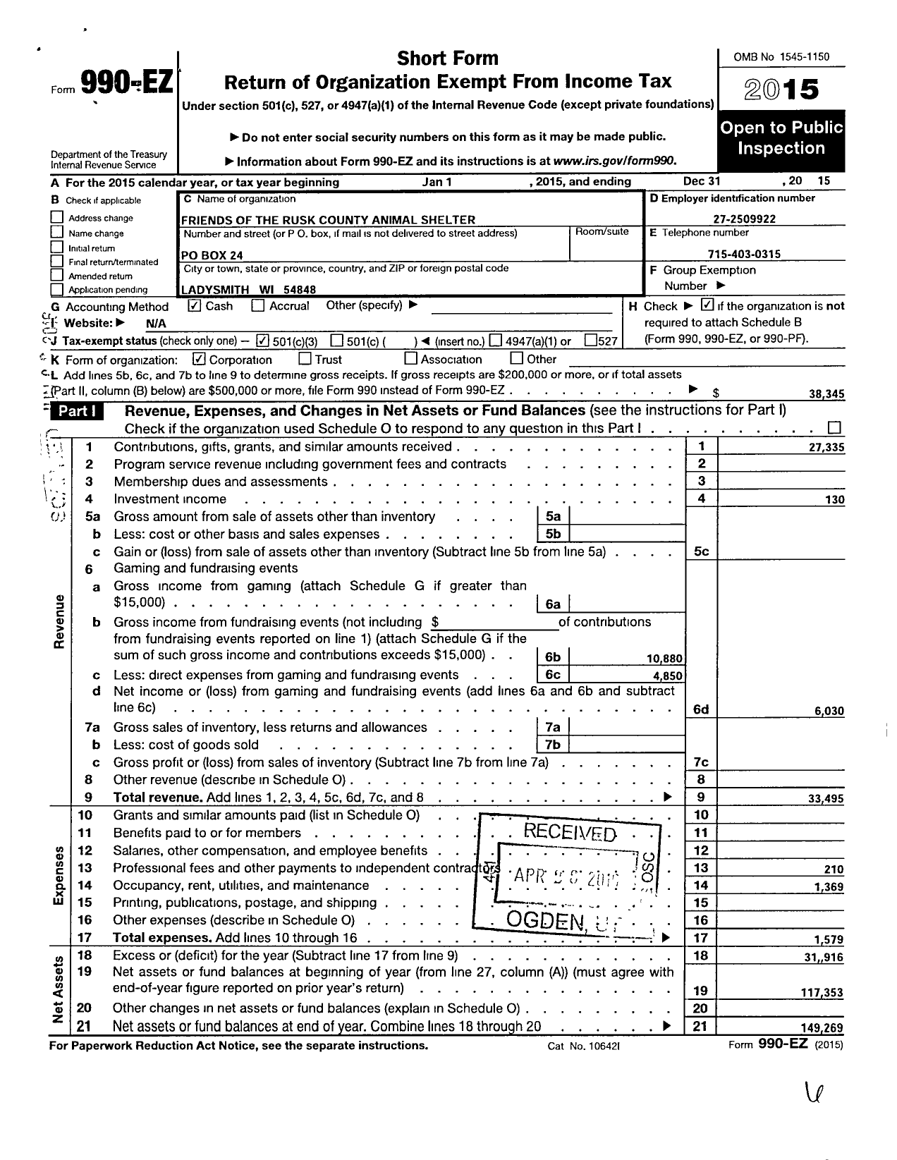 Image of first page of 2015 Form 990EZ for Friends of the Rusk County Animal Shelter