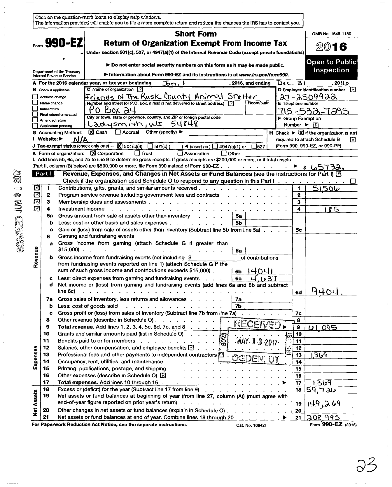 Image of first page of 2016 Form 990EZ for Friends of the Rusk County Animal Shelter