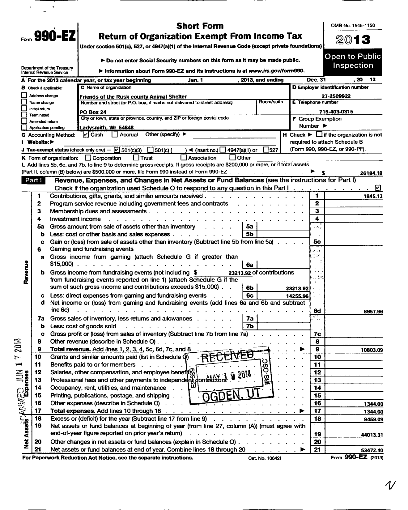 Image of first page of 2013 Form 990EZ for Friends of the Rusk County Animal Shelter