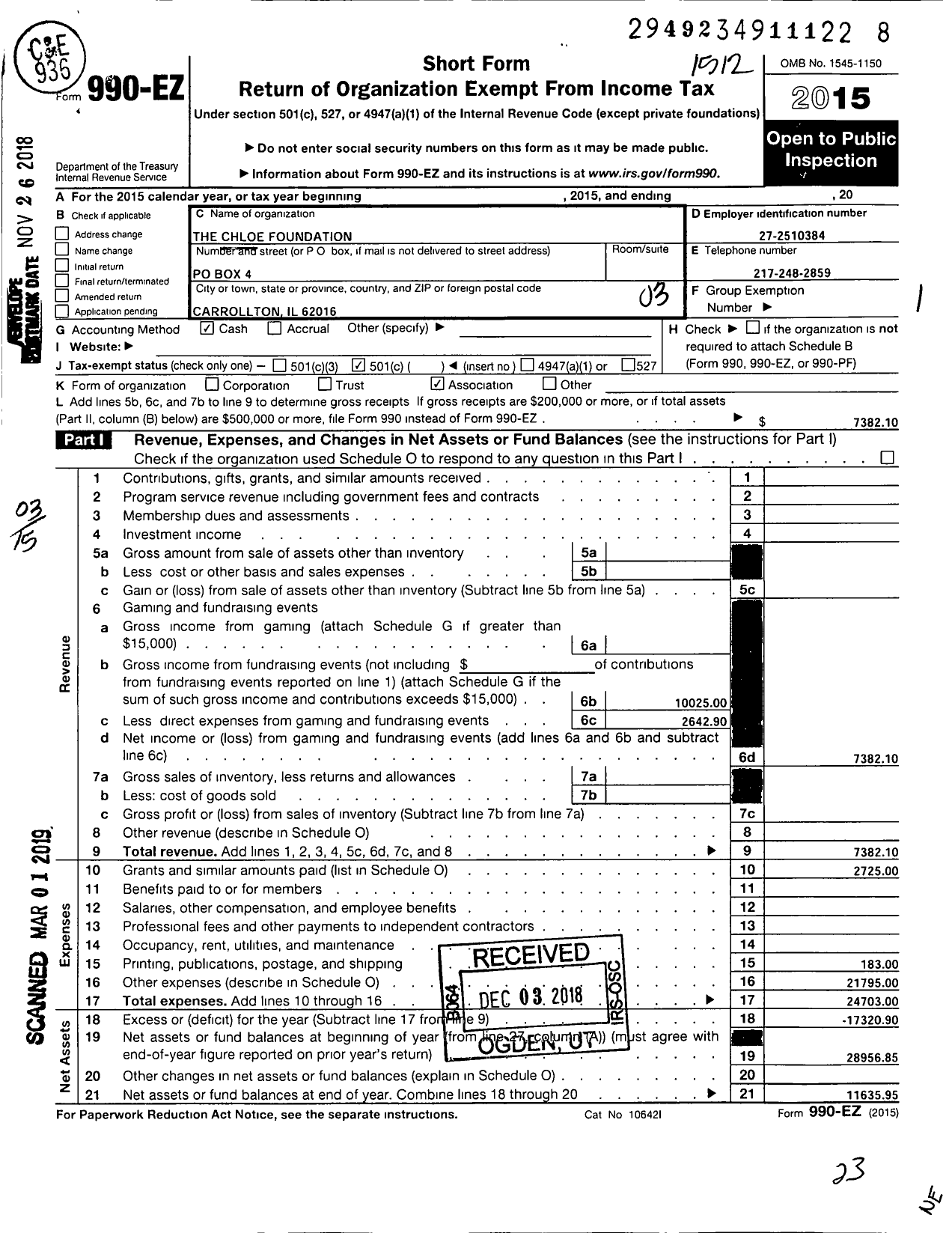 Image of first page of 2015 Form 990EZ for Chloe Foundation