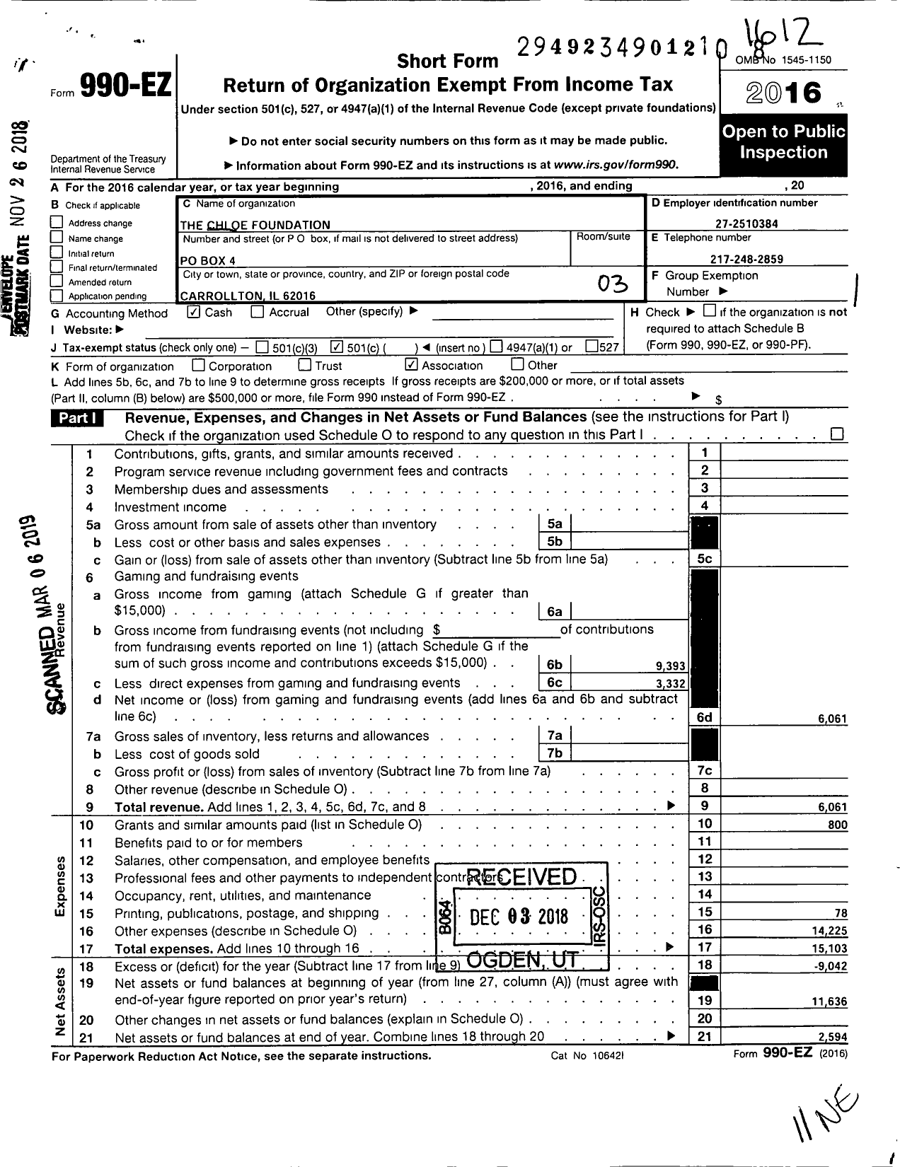 Image of first page of 2016 Form 990EZ for Chloe Foundation