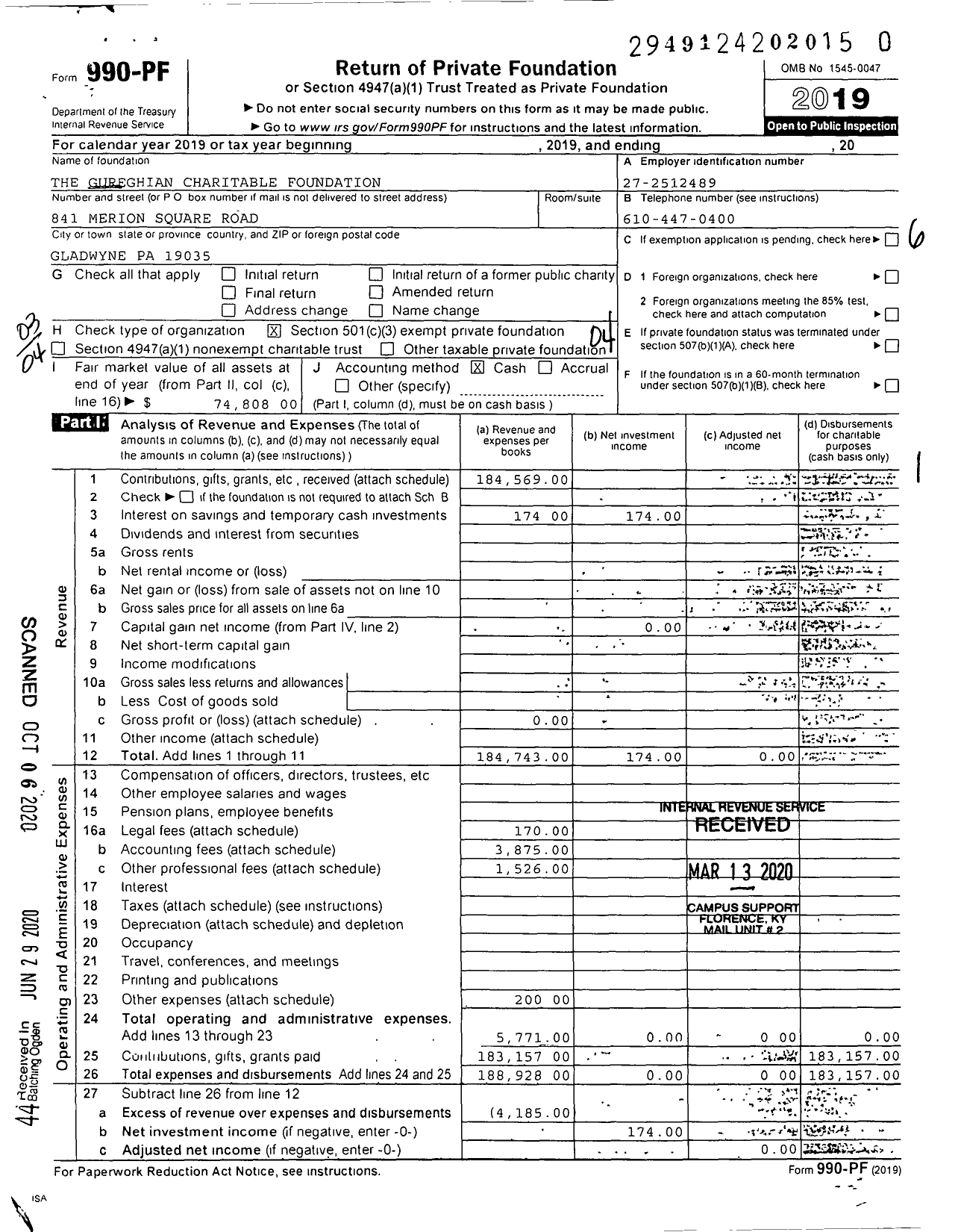 Image of first page of 2019 Form 990PR for The Gureghian Charitable Foundation