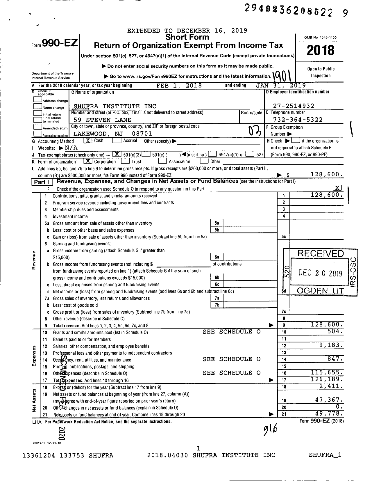 Image of first page of 2018 Form 990EZ for Shufra Institute