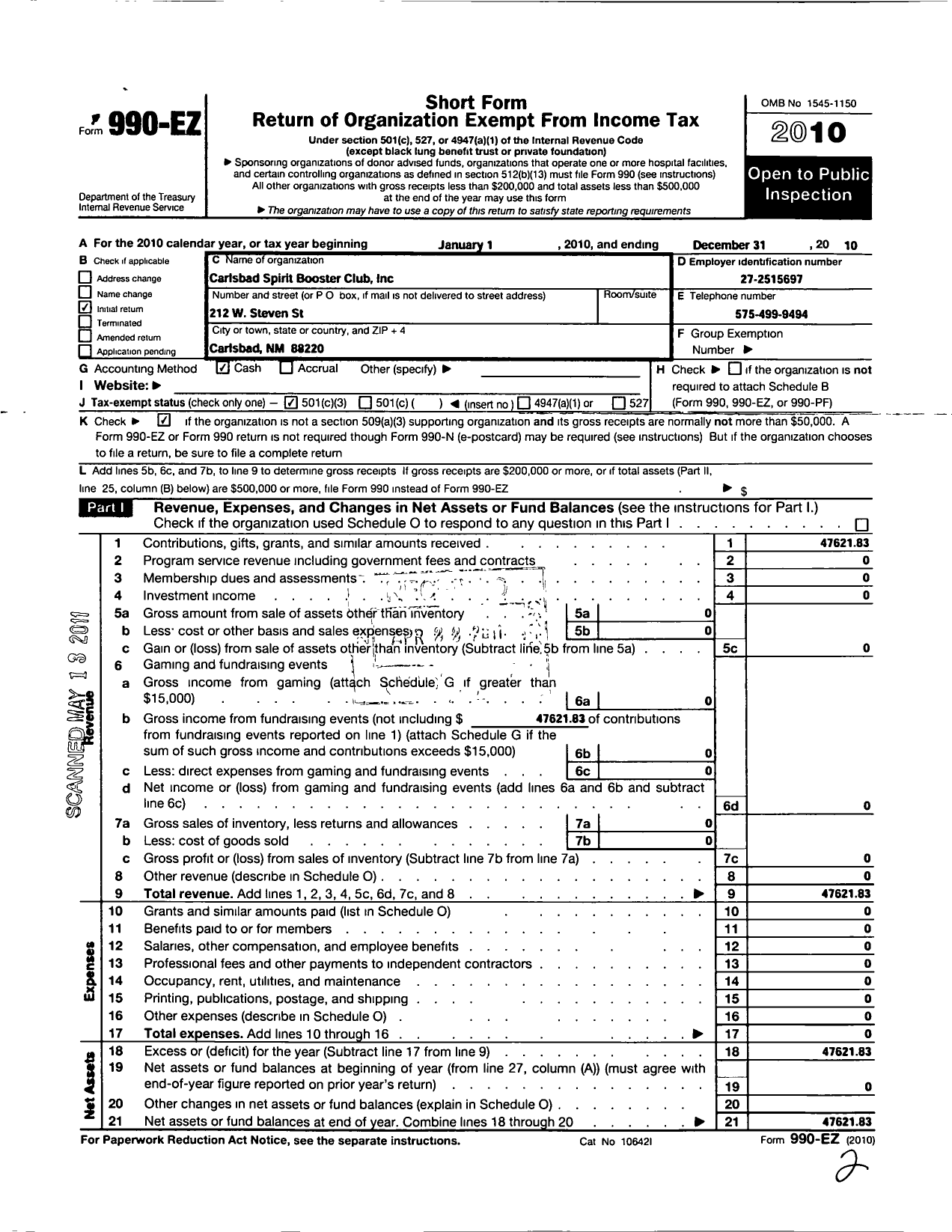 Image of first page of 2010 Form 990EZ for Carlsbad Spirit Booster Club