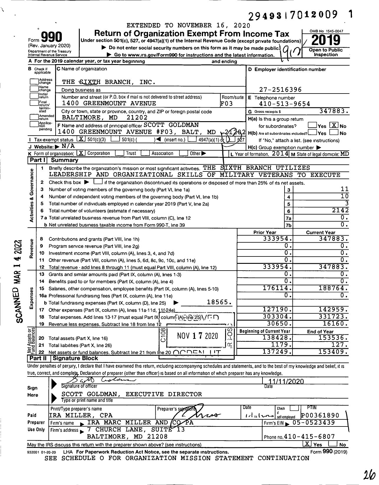 Image of first page of 2019 Form 990 for Sixth Branch