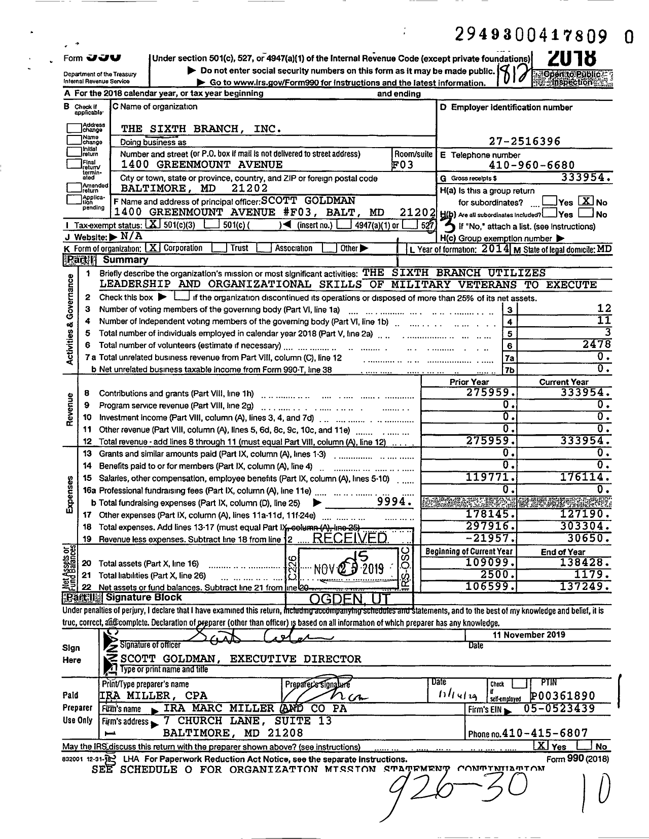 Image of first page of 2018 Form 990 for Sixth Branch