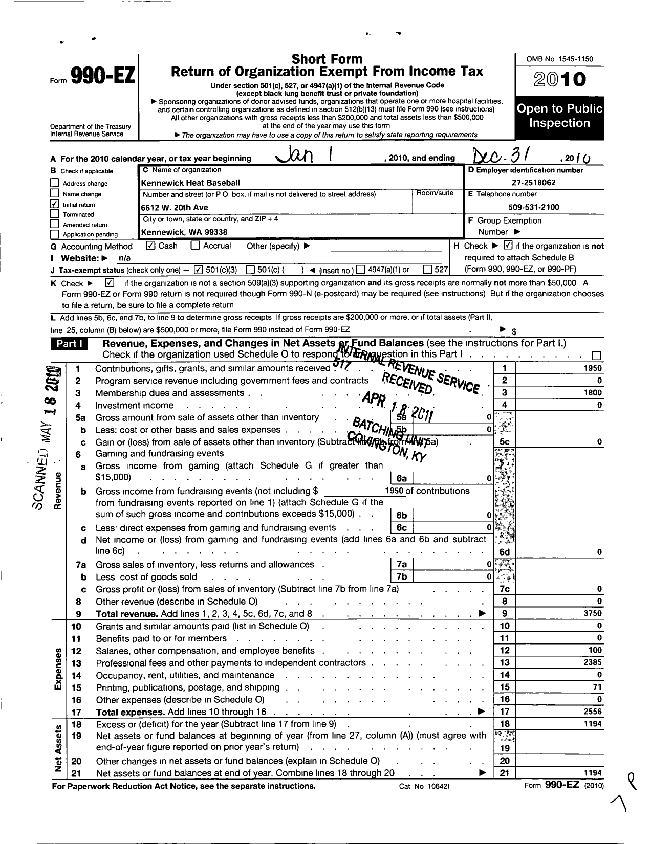 Image of first page of 2010 Form 990EZ for Kennewick Heat Baseball