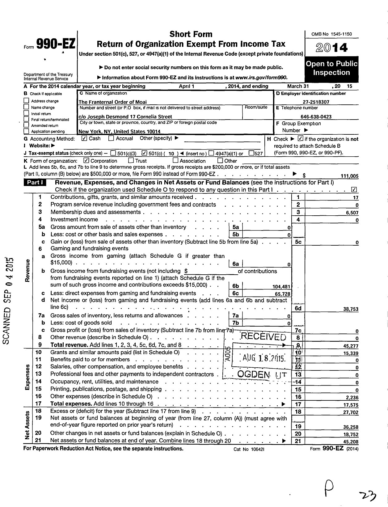 Image of first page of 2014 Form 990EO for Fraternal Order of Moai